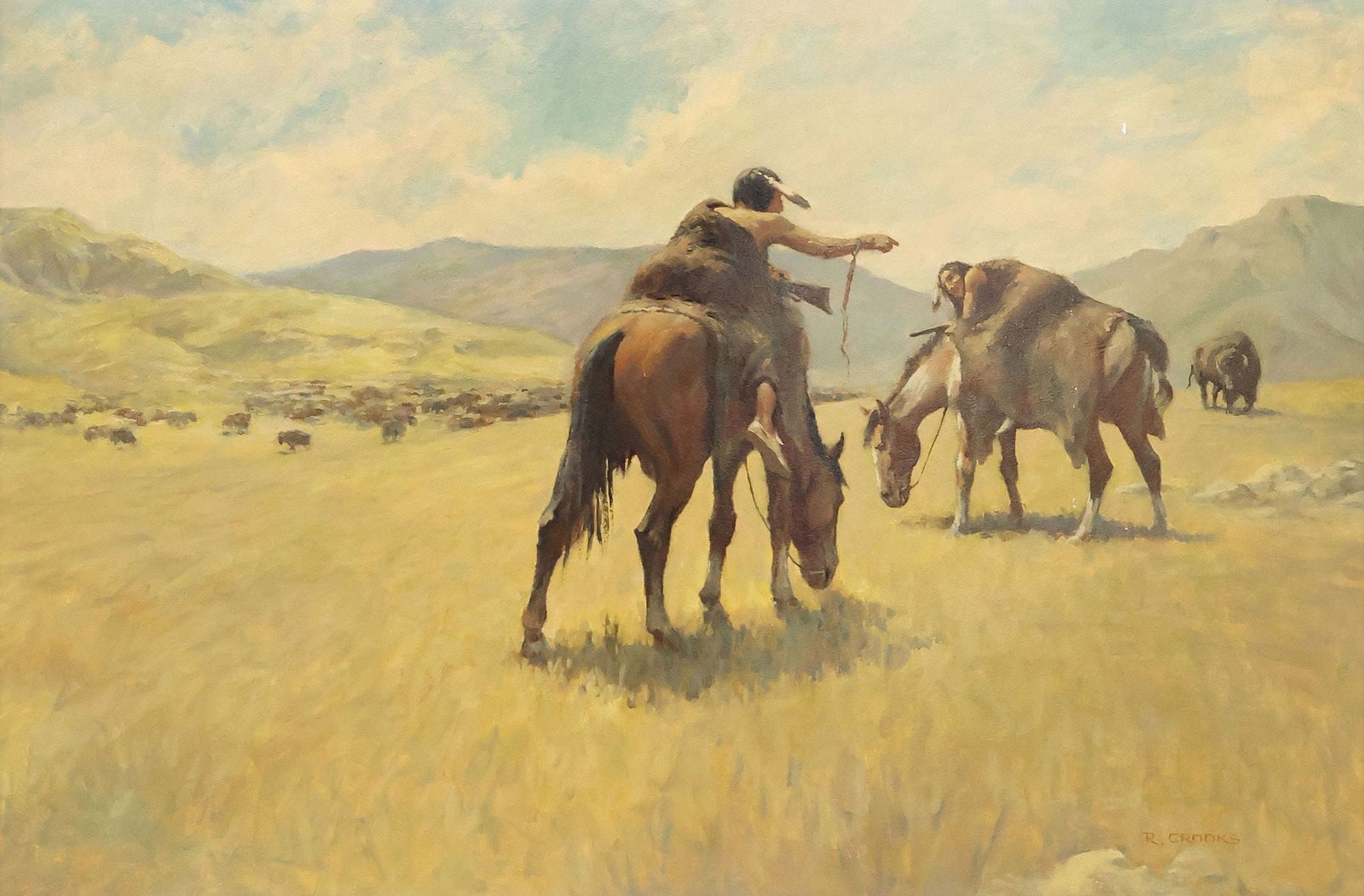 RONALD CROOKS (1925-2006) WESTERN FIGURAL LANDSCAPE PAINTING, 32" X 44": Framed oil on Masonite board painting, Native Americans on Horseback with Bison, signed lower right R. Crooks (Ronald "Ron" Crooks, California, 1925-2006), flaked paint losses near central r