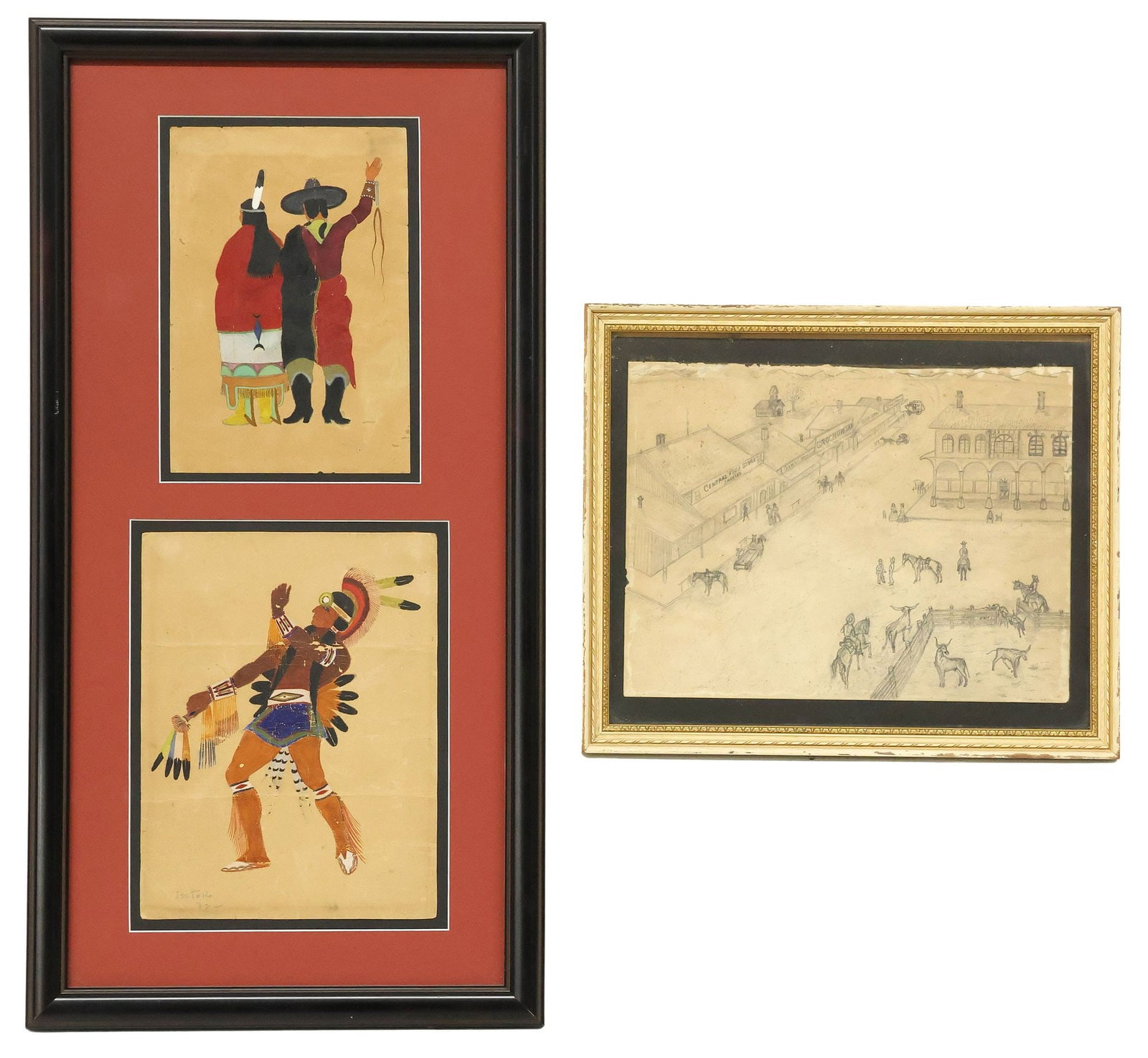 (2) SIGNED TSATOKE NATIVE AMERICAN GOUACHE PAINTINGS & WESTERN STREET DRAWING (1 of 6)