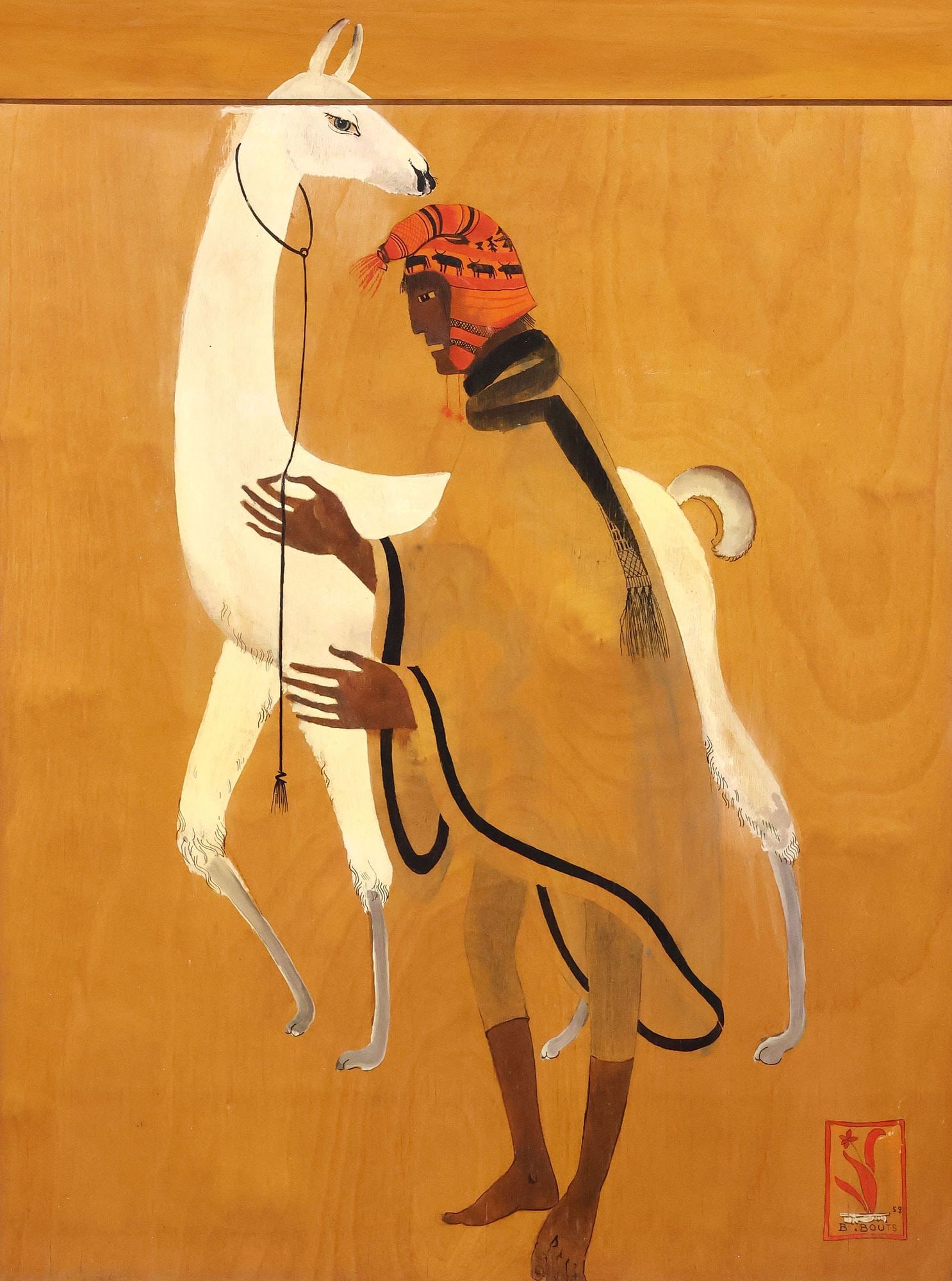 BERNARD BOUTS (FRENCH, D.1986) PAINTING ON PANEL, 'GENEALOGY OF THE INCAS': Framed oil on wood panel painting, "Genealogie des Incas (Genealogy of the Incas)," signed in artist's seal lower right B. Bouts (Bernard Bouts, French, 1909-1986), dated