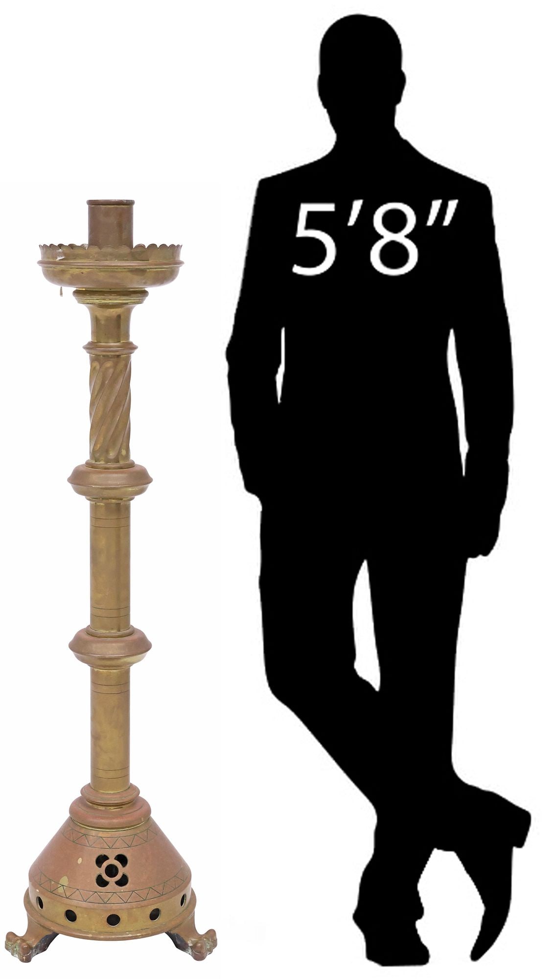 ENGLISH VICTORIAN PIERCED BRASS ECCLESIASTICAL CANDLE STAND, 54.5"H (1 of 4)