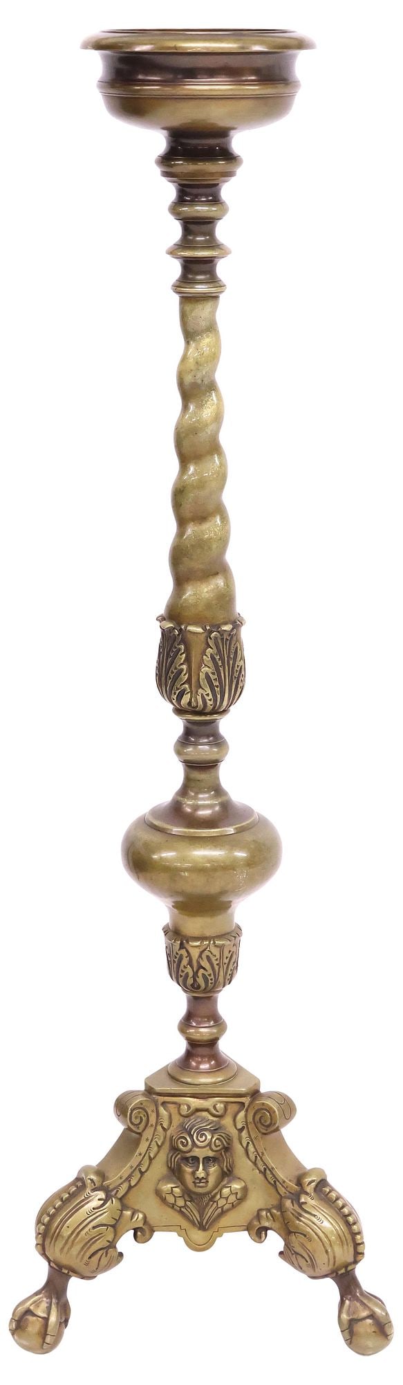 BAROQUE STYLE BRASS SPIRAL TWIST CANDLE STAND, 54"H: Baroque style brass standing candlestick, early 20th c., round basin raised on foliated spiral twist standard, ending on tripartite base with figural masks, and claw-and-ball feet, approx 54"h, 16.5"w