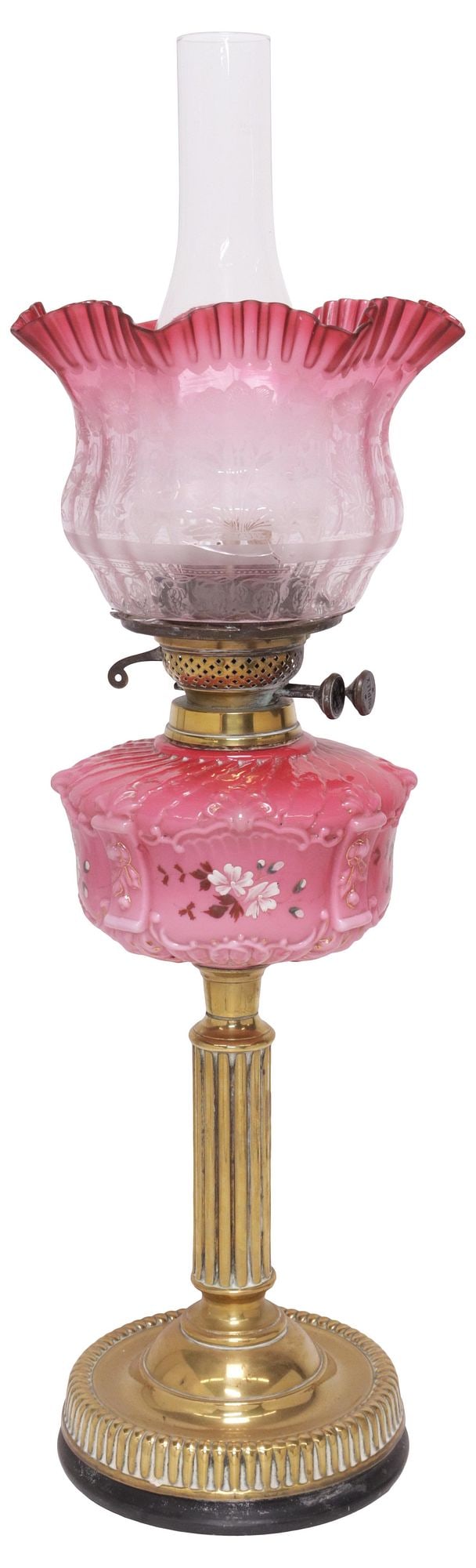 ENGLISH VICTORIAN RUFFLED GLASS & PINK PORCELAIN OIL LAMP (1 of 5)