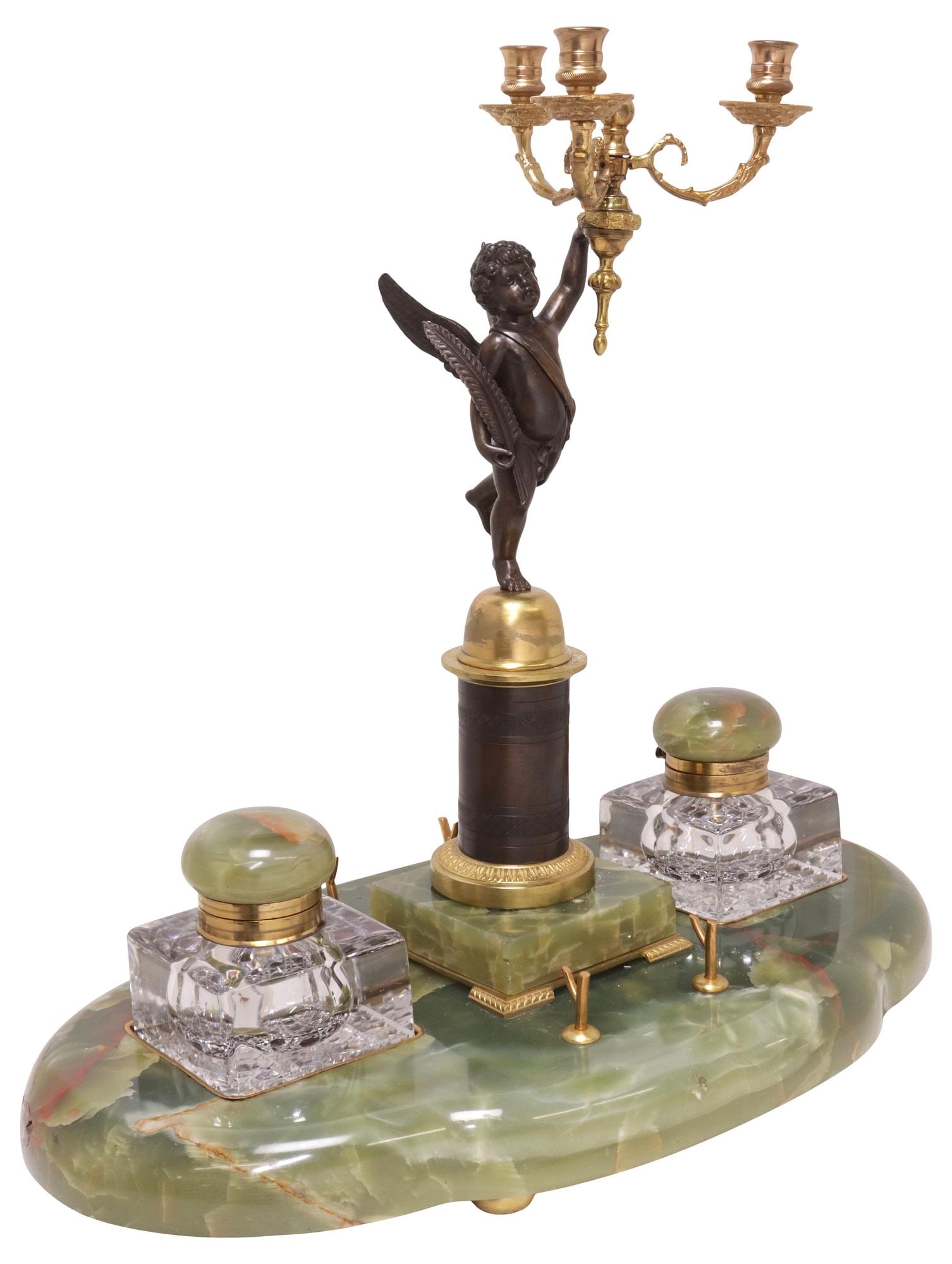 LARGE FRENCH BRONZE-MOUNTED ONYX & CUT CRYSTAL INKWELL DESK STAND (1 of 7)