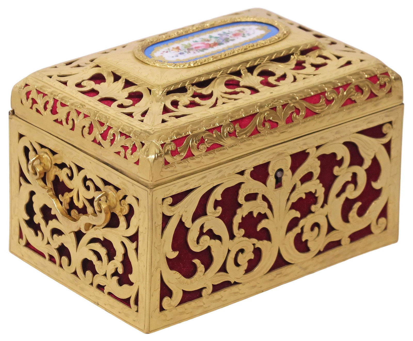 NAPOLEON III STYLE PIERCED BRASS & SEVRES STYLE PLAQUE TABLE BOX (1 of 6)