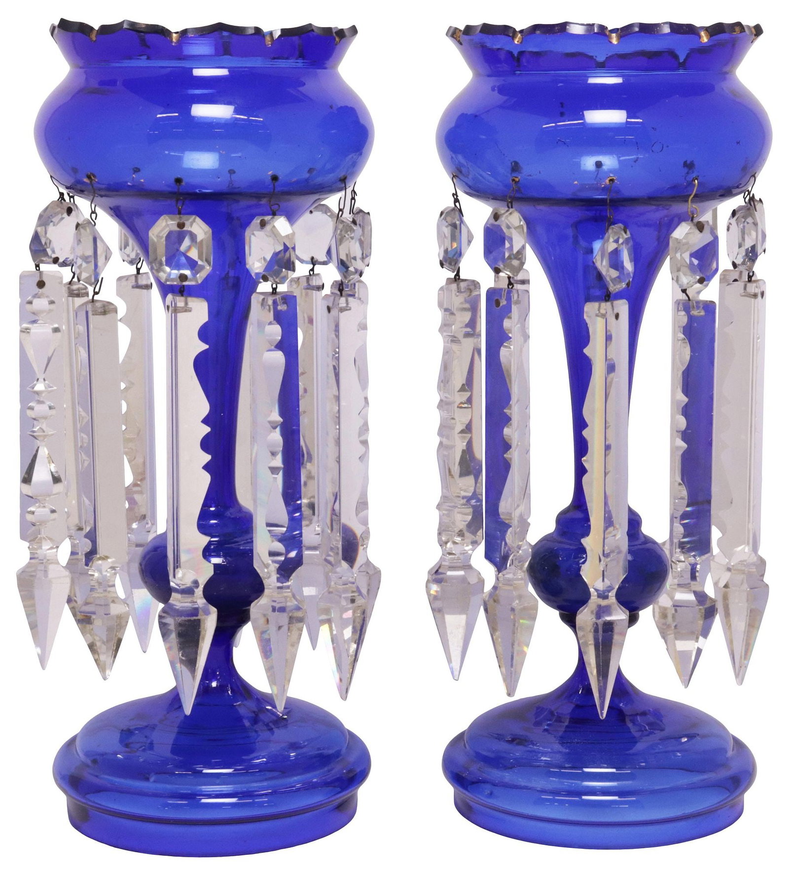 (2) ENGLISH VICTORIAN COBALT BLUE & COLORLESS PRISM MANTEL LUSTRES (1 of 4)