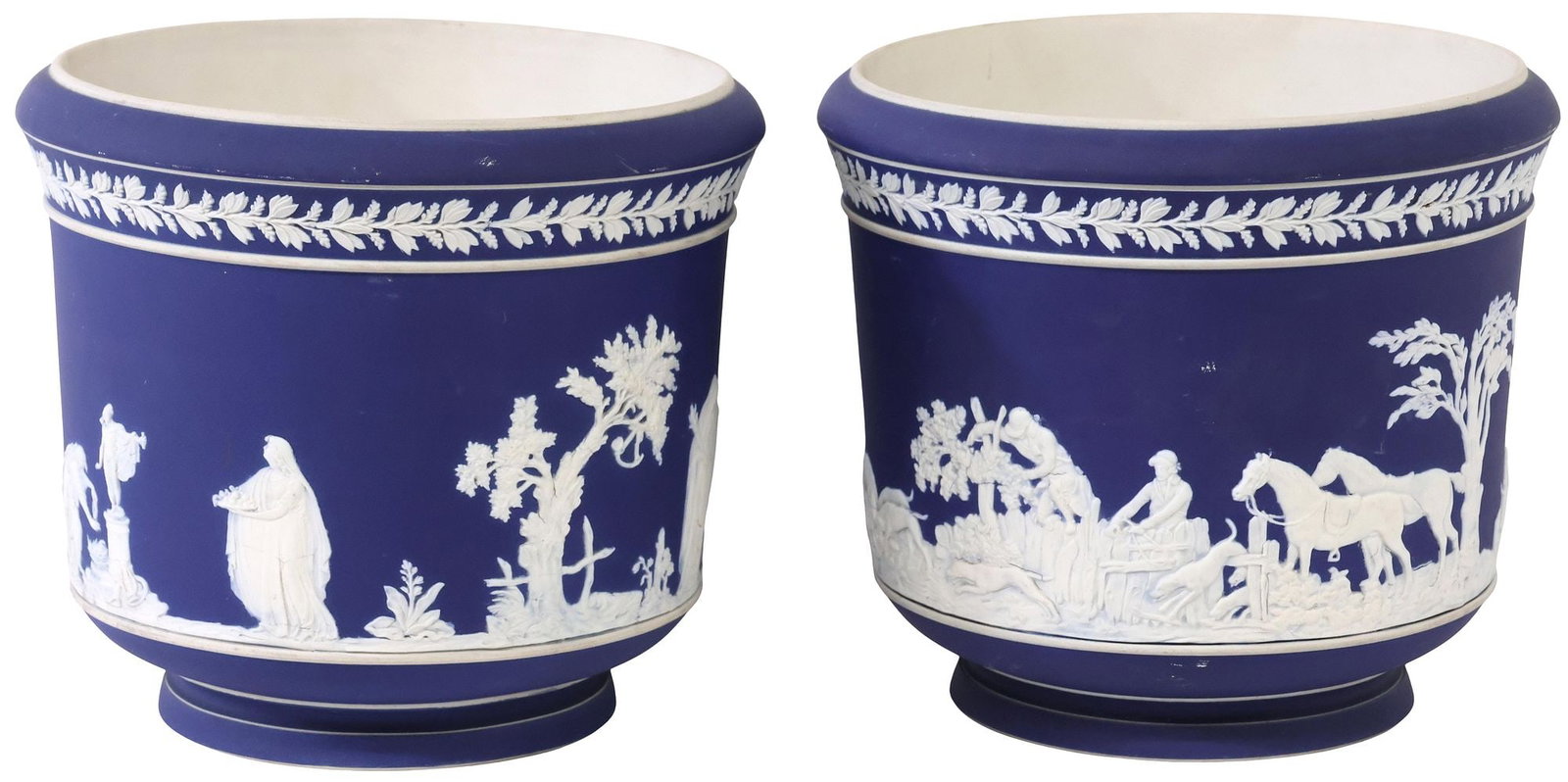 (2) ENGLISH WILLIAM ADAMS JASPERWARE JARDINIERES / PLANTERS: (lot of 2) English jasperware jardinieres/ planters, William Adams, Tunstall, England, 20th c., each with cream colored reliefs on royal blue ground, marked underfoot, including: (1) with a hunting sc