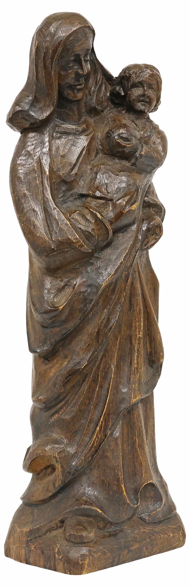 CONTINENTAL CARVED OAK RELIGIOUS SCULPTURE, MADONNA & CHILD: Continental carved oak religious sculpture, Madonna and Child, depicting the Virgin Mary and Infant Christ in draped garments, on integral rectangular base, inscribed "Maurio An?" and dated [19]87 at 