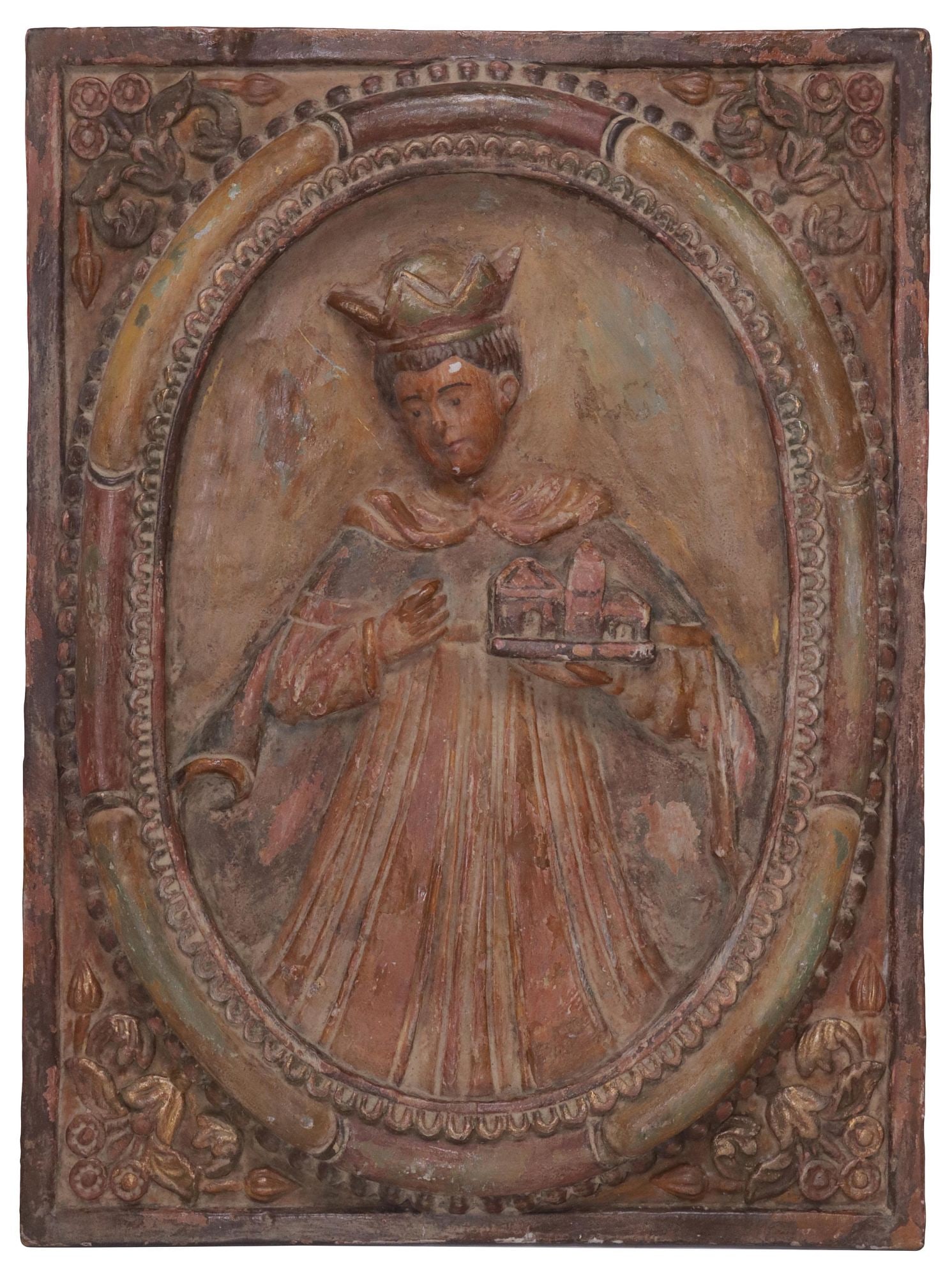 CONTINENTAL CARVED & PAINTED RELIGIOUS PANEL, ST. STEPHEN THE MARTYR (1 of 4)
