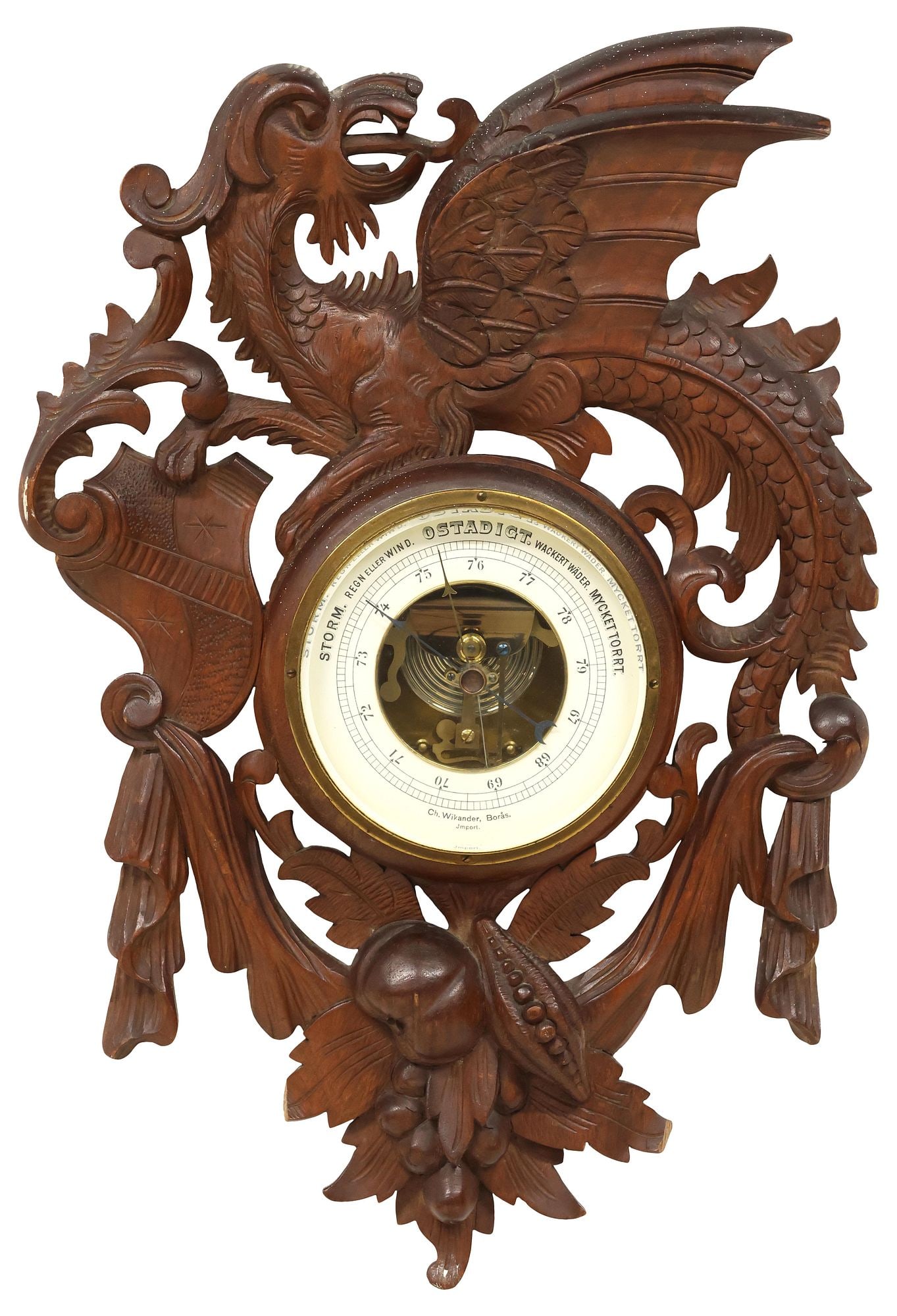 BLACK FOREST CARVED WALNUT DRAGON WALL-MOUNTED BAROMETER (1 of 5)