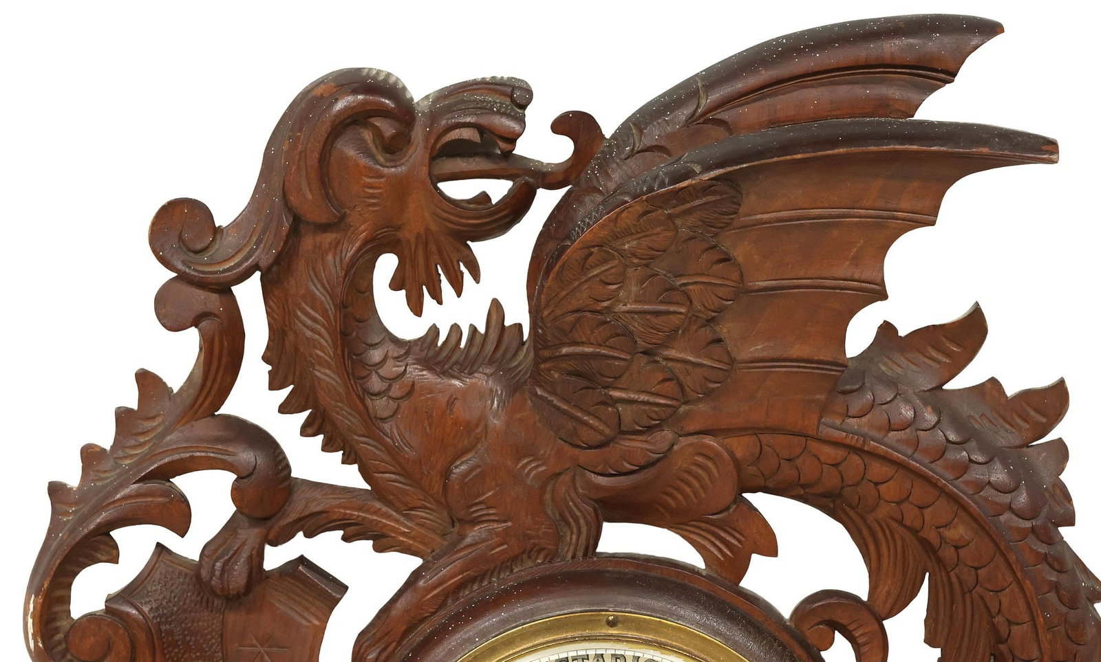 BLACK FOREST CARVED WALNUT DRAGON WALL-MOUNTED BAROMETER - 2