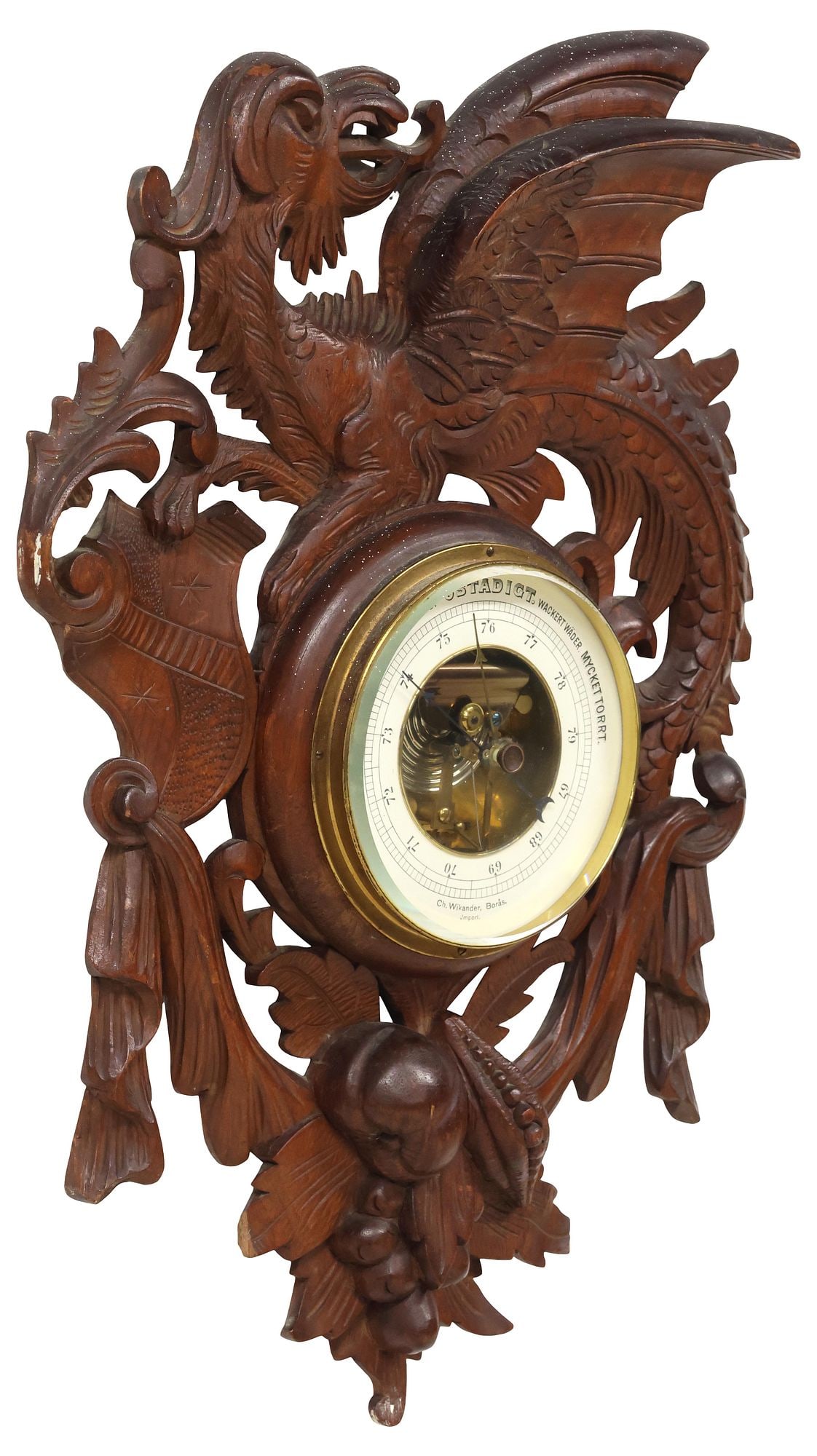 BLACK FOREST CARVED WALNUT DRAGON WALL-MOUNTED BAROMETER - 5