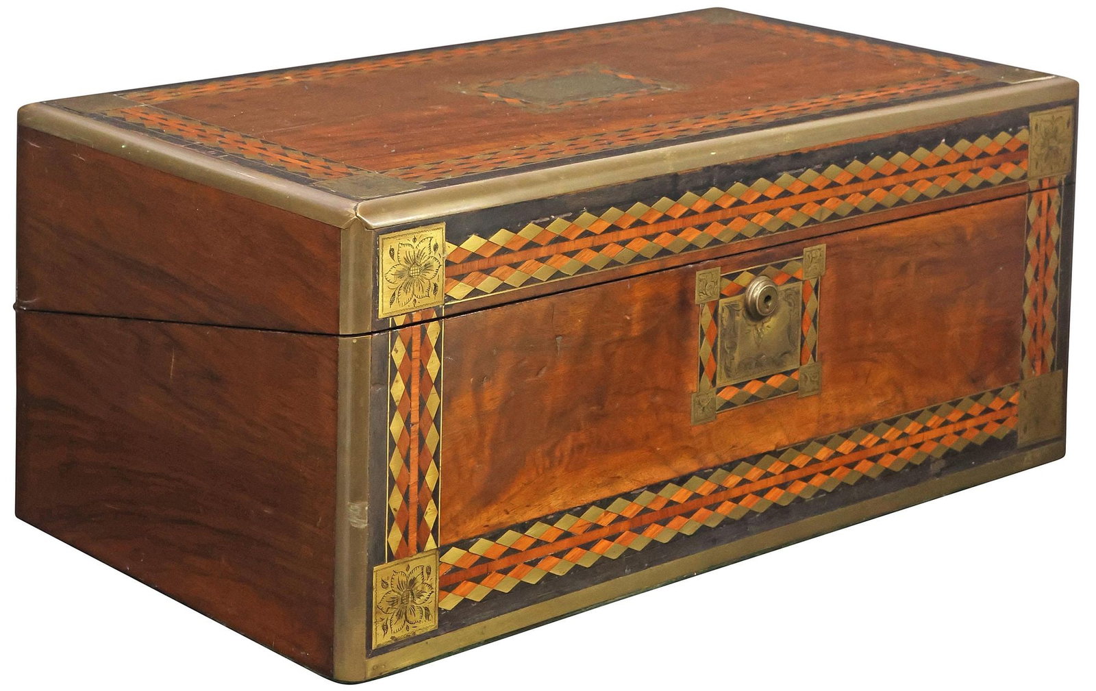 ENGLISH BRASS-INLAID PARQUETRY WALNUT WRITING SLOPE/ TRAVEL DESK (1 of 7)