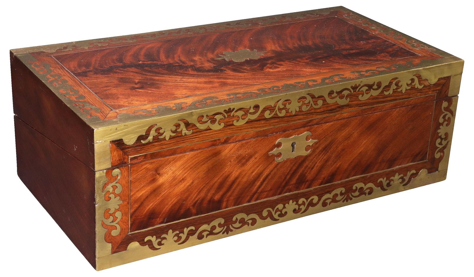 ENGLISH REGENCY BRASS-INLAID MAHOGANY WRITING SLOPE / TRAVEL DESK: Fine English Regency period flame mahogany writing slope/ travel desk, early 19th c., lid with central vacant cartouche, bordered by elaborate brass scrollwork, opening to gilt-embossed leather writin