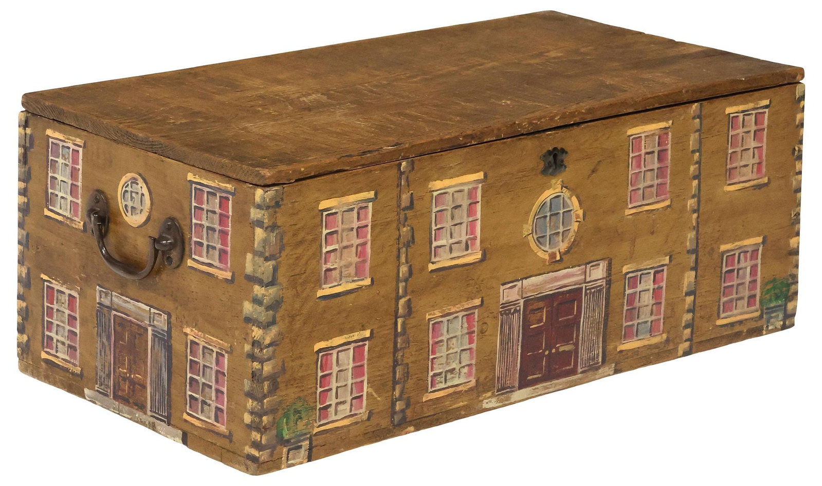 ENGLISH PAINT-DECORATED HOUSE FACADE PINE WORK BOX (1 of 6)