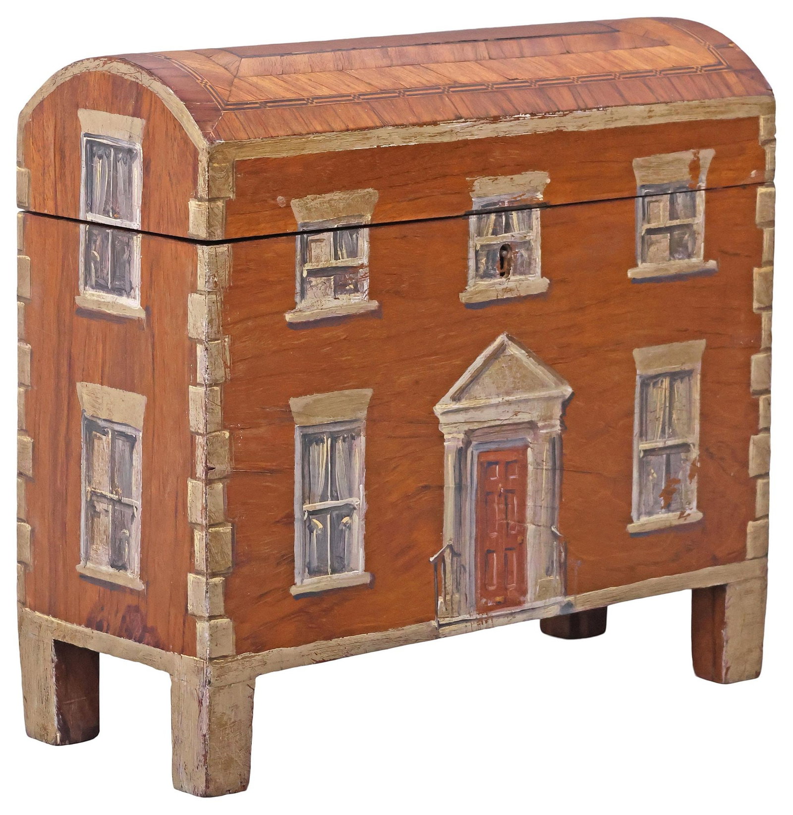 ENGLISH PAINT-DECORATED & PARQUETRY HOUSE FACADE TABLE BOX (1 of 6)