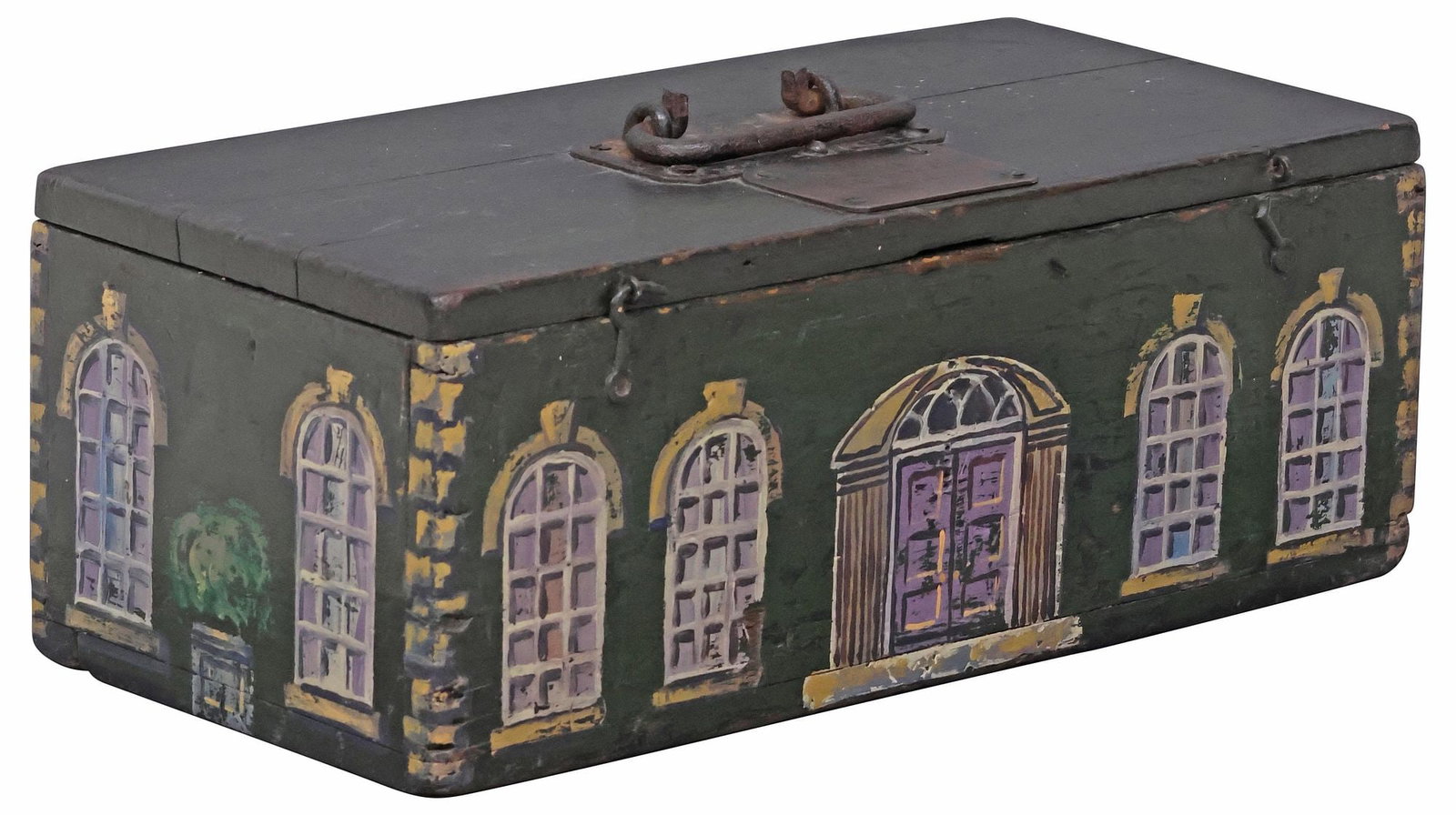 ENGLISH PAINT-DECORATED HOUSE FACADE PINE WORK BOX (1 of 6)