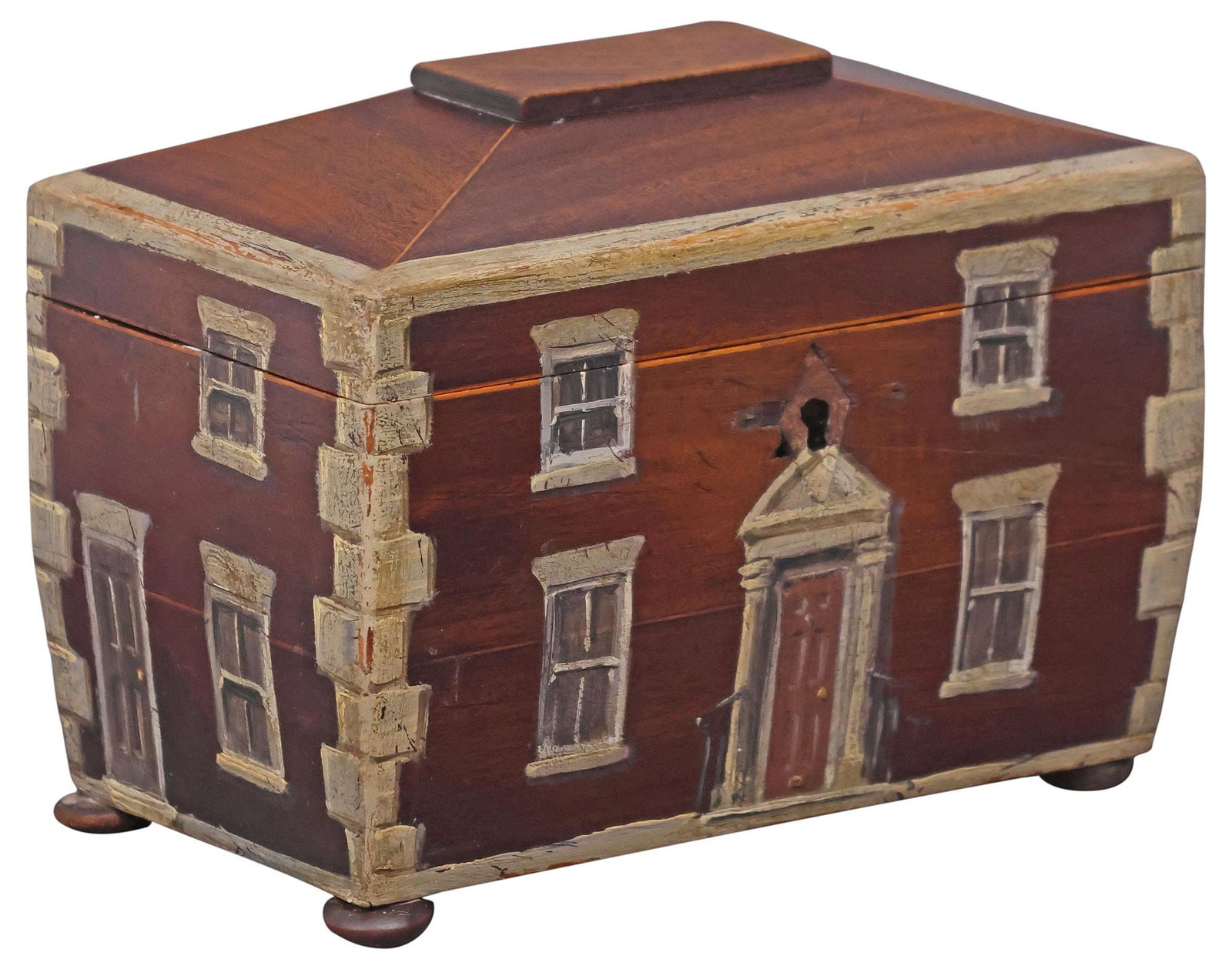 ENGLISH REGENCY LATER PAINT-DECORATED HOUSE FACADE SARCOPHAGUS-FORM TEA CADDY (1 of 6)