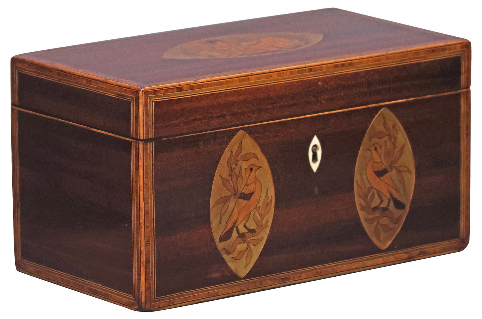GEORGIAN PERIOD MARQUETRY & LINEWORK TEA CADDY, BRITANIA (1 of 7)