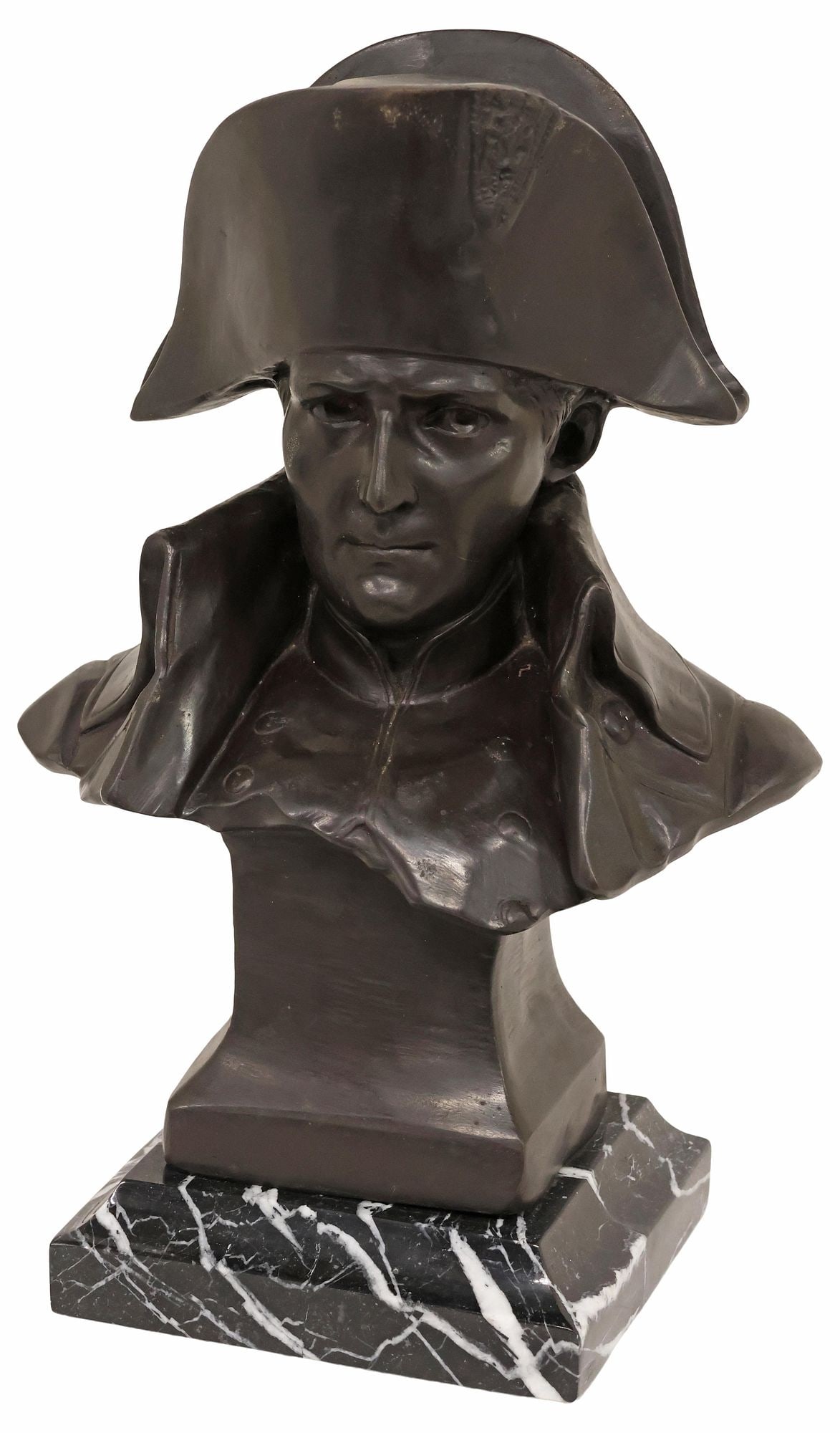 AFTER FELIX LECOMTE (1737-1817) PATINATED BRONZE BUST OF NAPOLEON: Patinated bronze sculpture, Bust of Napoleon Bonaparte, signed in cast after Felix Lecomte (French, 1737-1817), on integral variegated black marble plinth, overall: approx 13.25"h, 9"w, 5.5"d, 13.5lbs