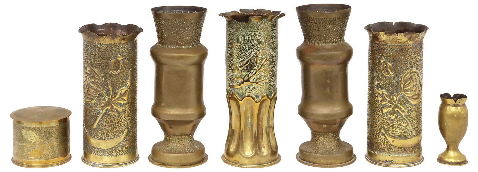 (7) FRENCH WWI-ERA TRENCH ART ARTILLERY SHELL VASES & BOX: (lot of 7) French WWI-era trench art vases and box, fashioned from artillery shells, including: (pair) having flared rim and repousse foliate motifs, (pair) with vasiform body and stippled rim, (1) in
