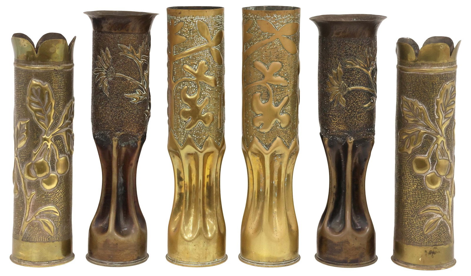 (6) FRENCH WWI-ERA TRENCH ART ARTILLERY SHELL VASES: (lot of 6) French WWI-era trench art vases, fashioned from artillery shells, including: (pair) inscribed "1914" and "1919," (pair) with flared rim and fluted body, (pair) with repousse foliate motifs,