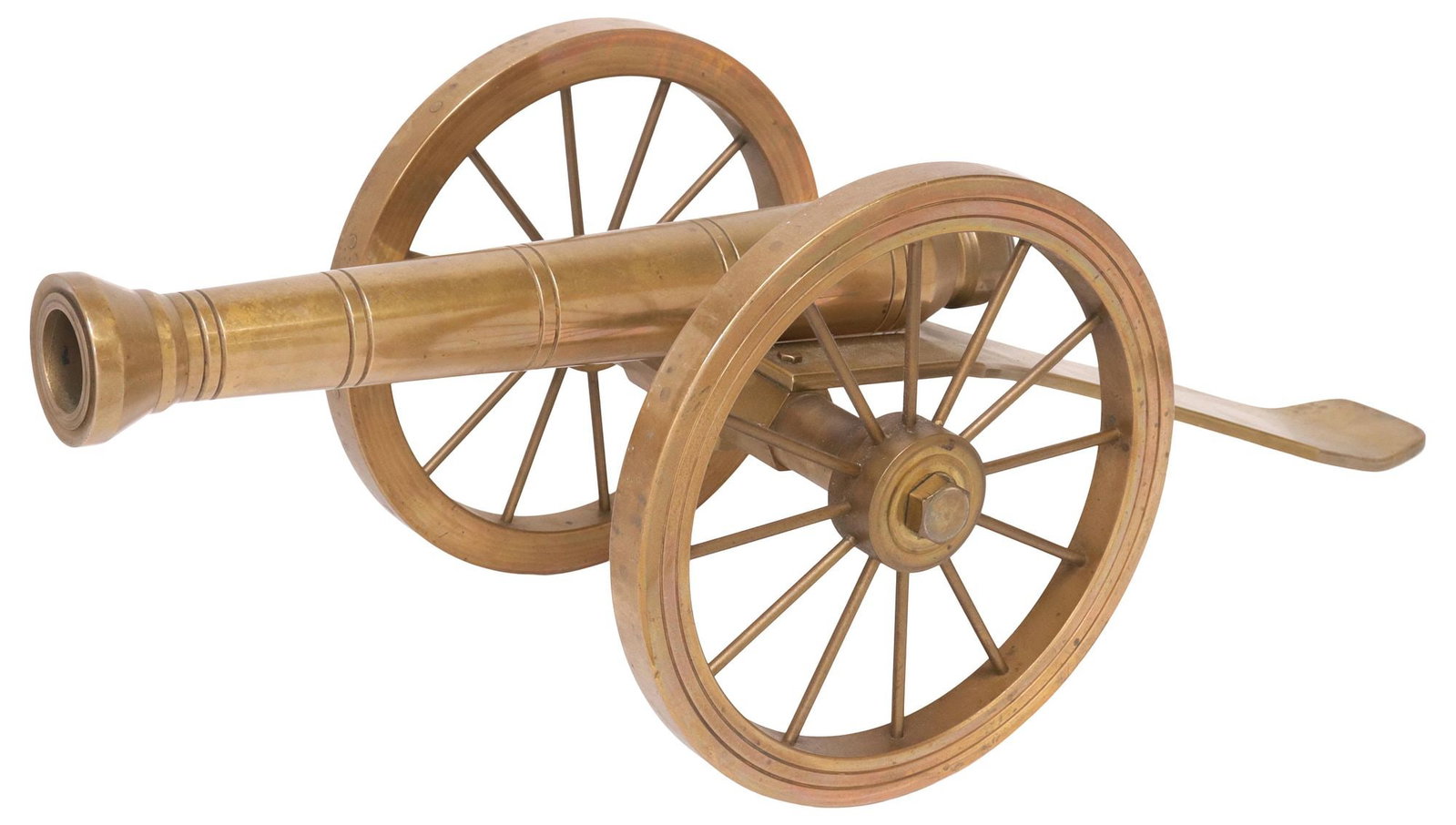 ENGLISH BRASS MINIATURE MODEL OF A CANNON & CARRIAGE: English brass model of a cannon, 20th c., elevating barrel on carriage mount, with functioning wheels, approx 9.25"h, 26"w, 8 7/8"d, 24.75lbs
