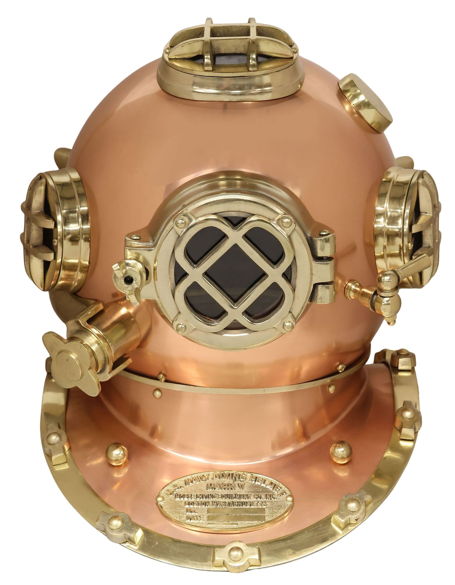 REPLICA COPPER & BRASS U.S. NAVY MARK V MODEL DIVING HELMET: Reproduction copper and brass model diver's helmet, 21st c., after U.S. Navy Mark V helmet and breastplate, containing glass panes, approx 16"h, 17"w, 15"d, 11.25lbs