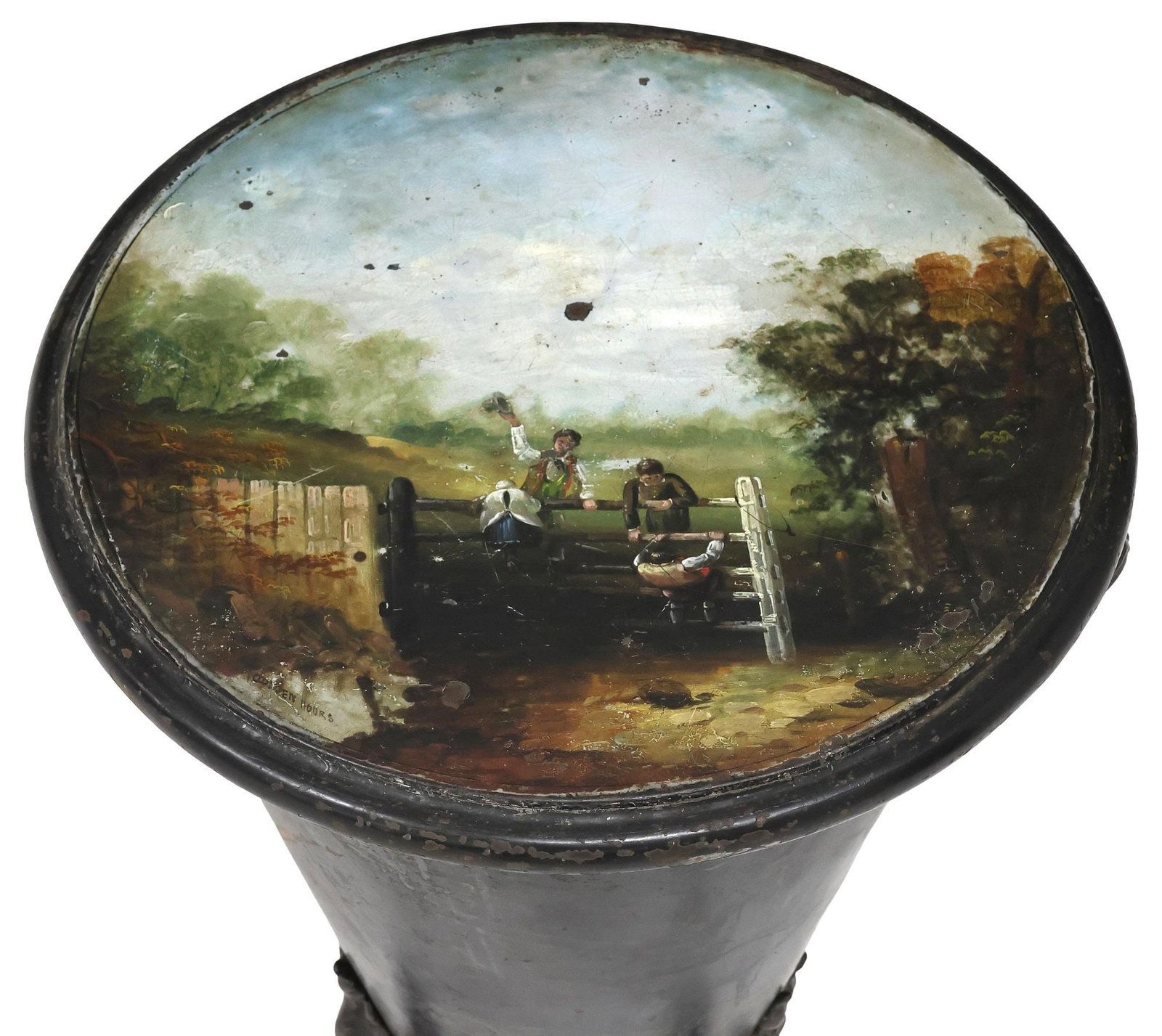 ENGLISH VICTORIAN "GOLDEN HOURS" TOLE-PAINTED COAL BIN ON CAST IRON BASE (1 of 4)