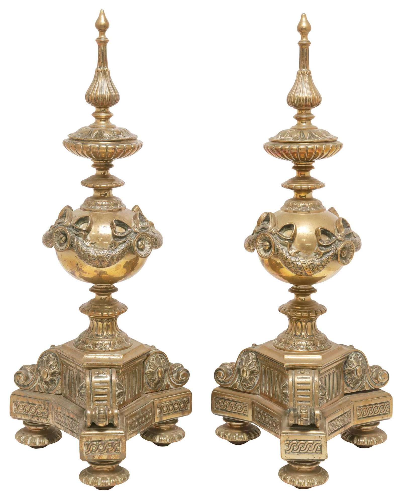 (2) LARGE ENGLISH VICTORIAN GILT BRASS FIREPLACE ANDIRONS (1 of 4)