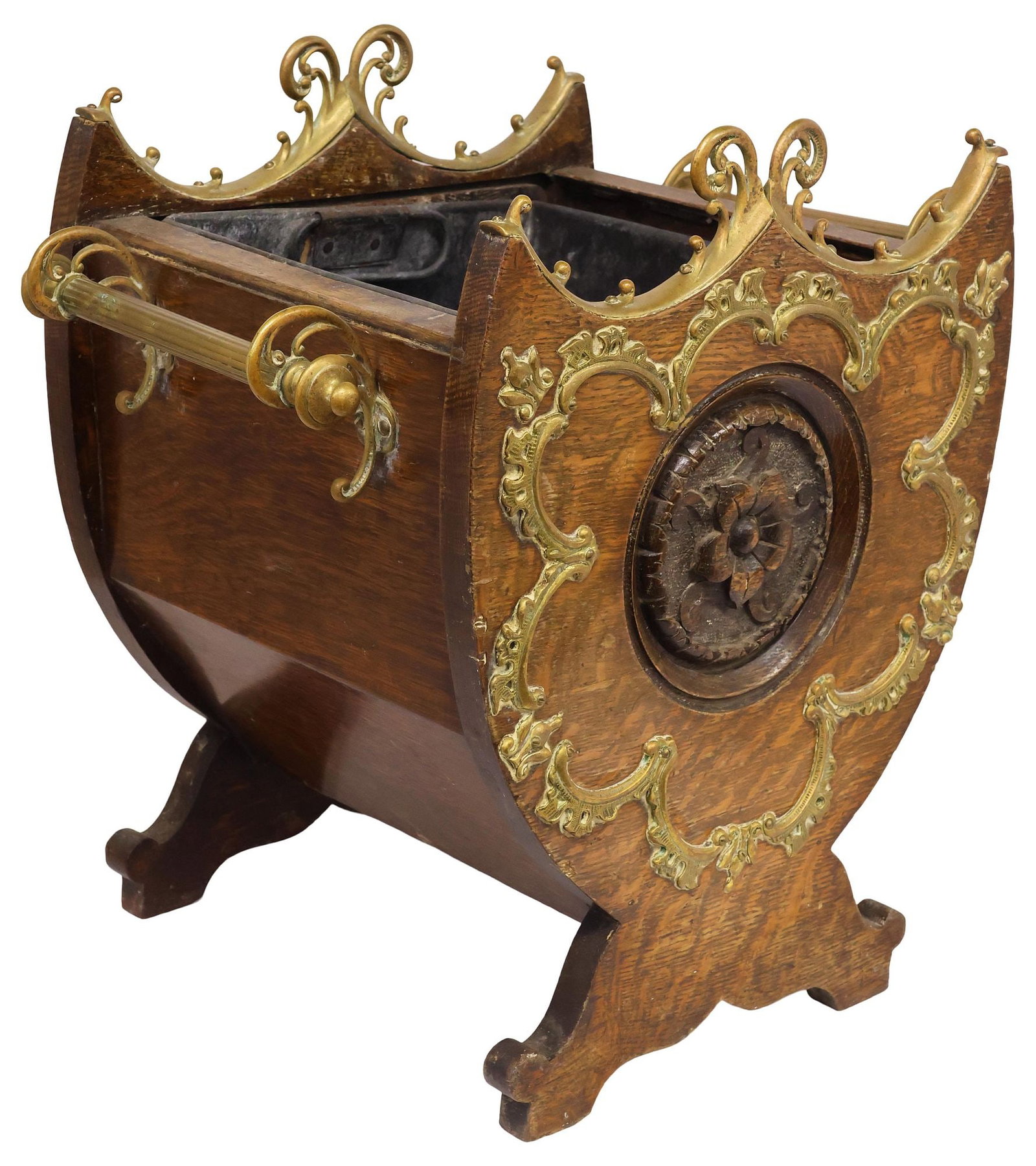 ENGLISH VICTORIAN BRASS-MOUNTED OAK SHIELD-FORM COAL BIN (1 of 5)