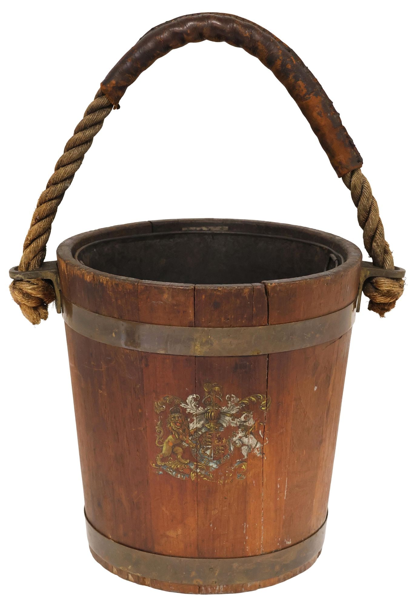 ENGLISH EDWARDIAN COOPERED OAK PEAT BUCKET WITH ARMORIAL CREST (1 of 4)