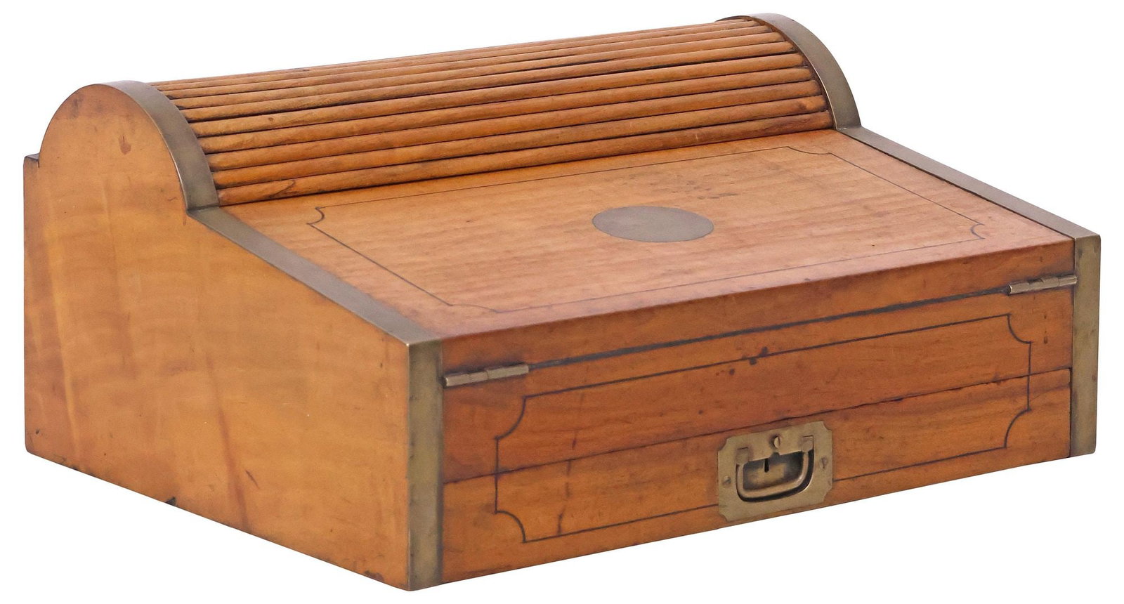ENGLISH BRASS-BOUND CAMPHOR METAMORPHIC TAMBOUR WRITING SLOPE/ TRAVEL DESK (1 of 8)