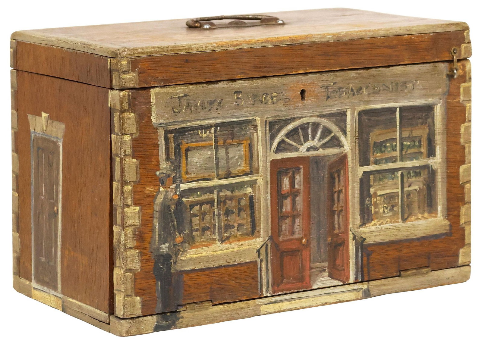 ENGLISH HOUSE FACADE PAINT-DECORATED OAK WORK BOX (1 of 8)