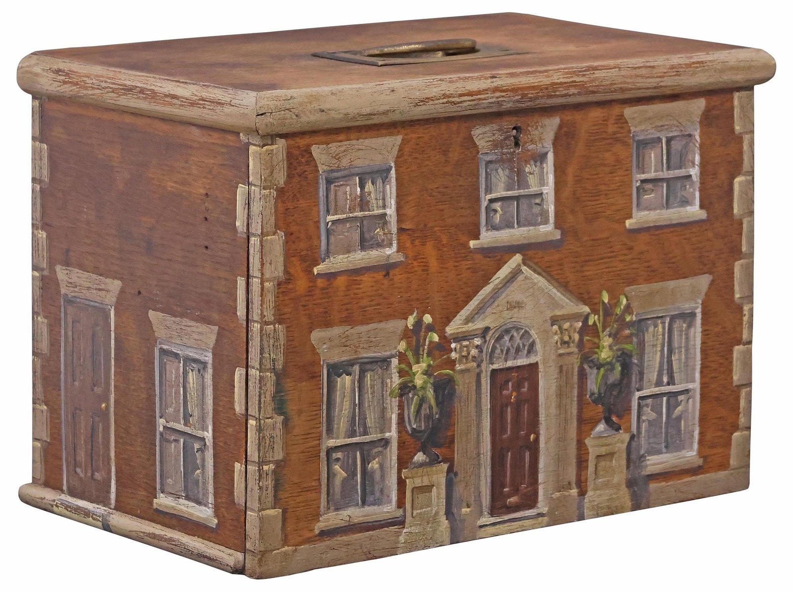 ENGLISH PAINT-DECORATED HOUSE FACADE OAK FITTED WORK BOX (1 of 6)