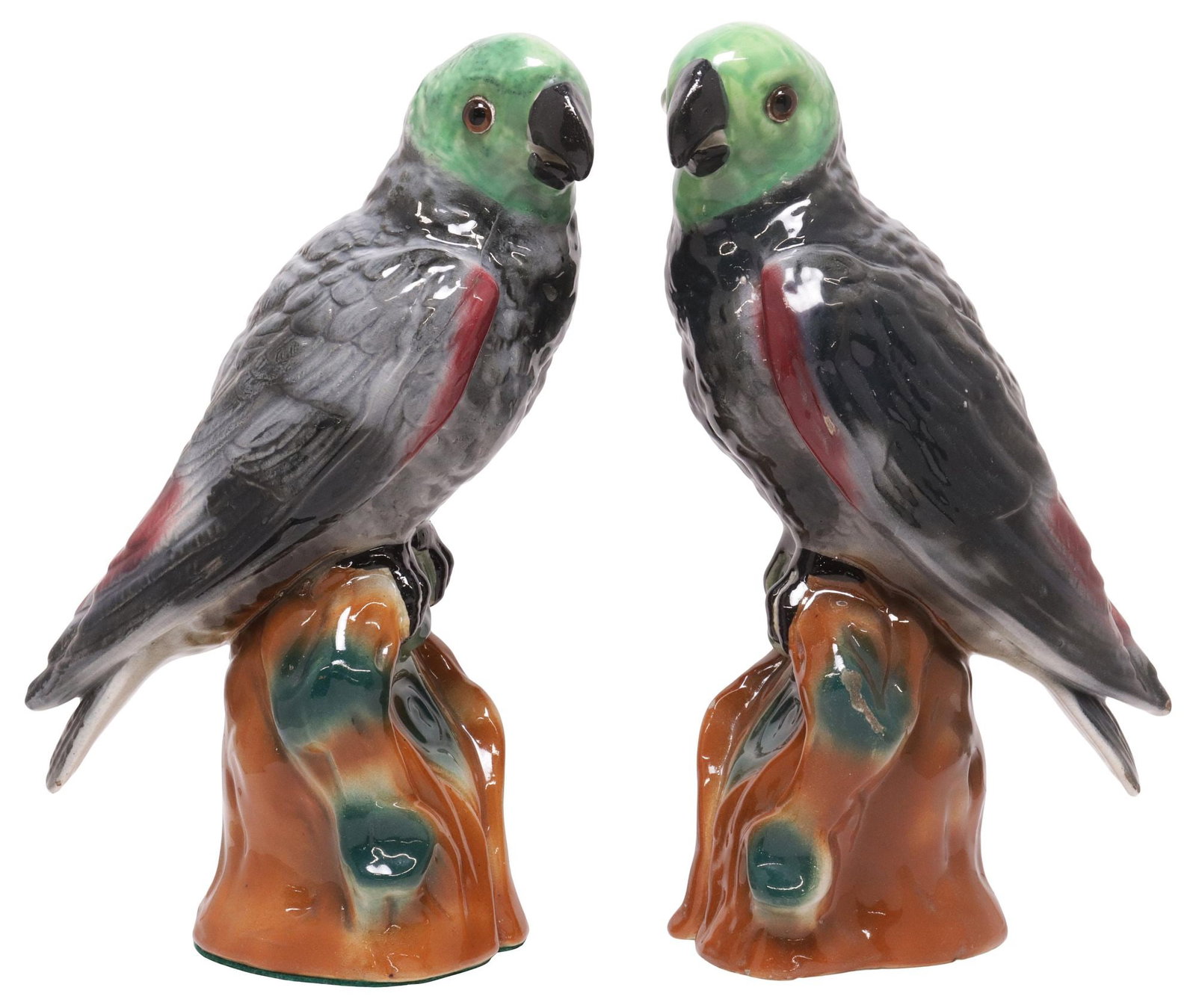 (2) ENGLISH STAFFORDSHIRE MANTEL FIGURES, PERCHED PARROTS (1 of 3)