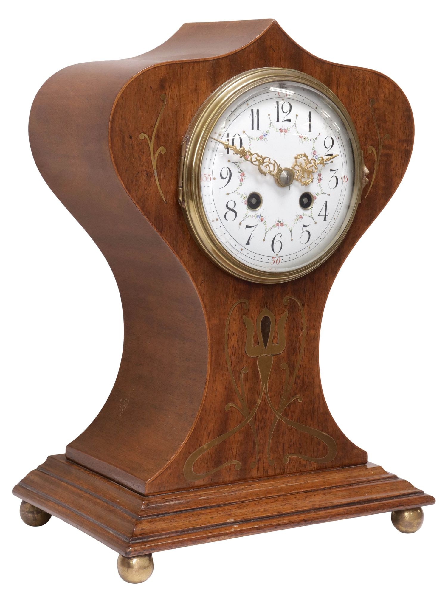 ENGLISH EDWARDIAN BRASS-INLAID MAHOGANY MANTEL SHELF CLOCK (1 of 5)