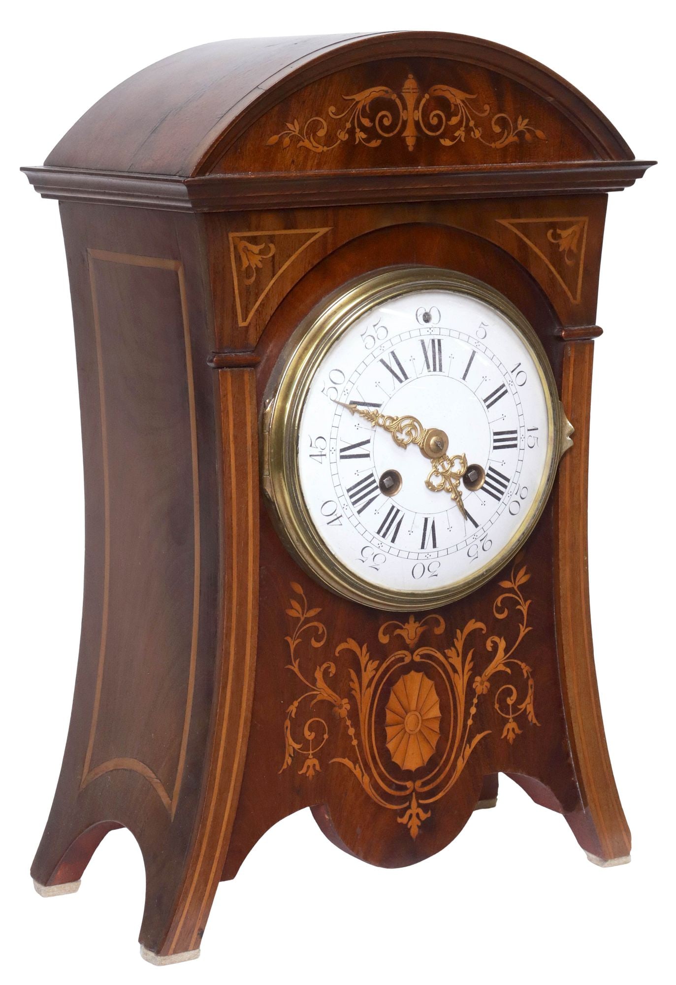 ENGLISH EDWARDIAN MARQUETRY-INLAID MAHOGANY MANTEL SHELF CLOCK (1 of 5)