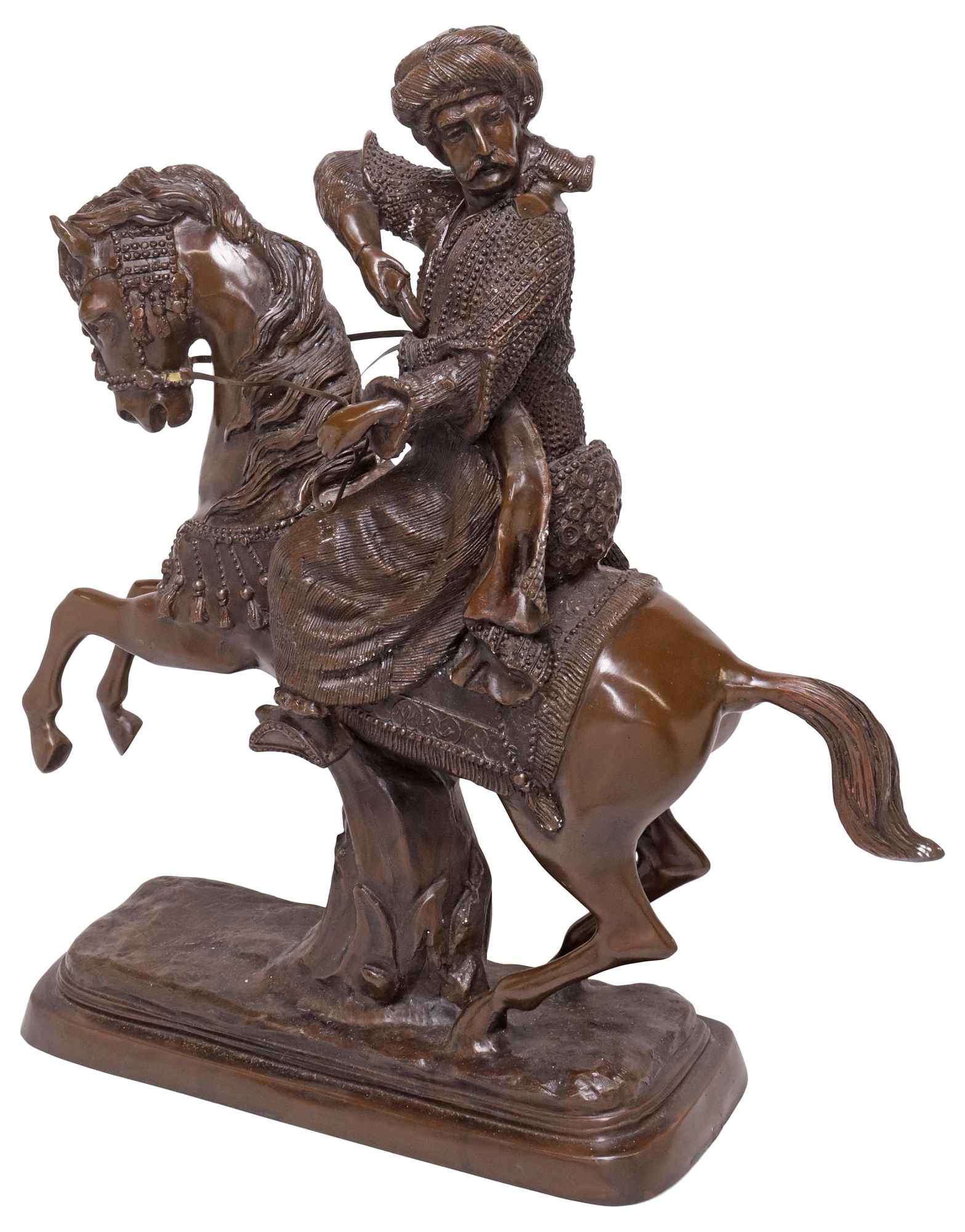 LARGE ORIENTALIST PATINATED BRONZE SCULPTURE, ARAB ON HORSEBACK: Orientalist patinated bronze sculpture, Arab on Horseback, 20th c., in the manner of Antoine-Louis Bayre (France, 1795–1875), rising on naturalistic base, approx 23.75"h, 22"w, 6.5&quo