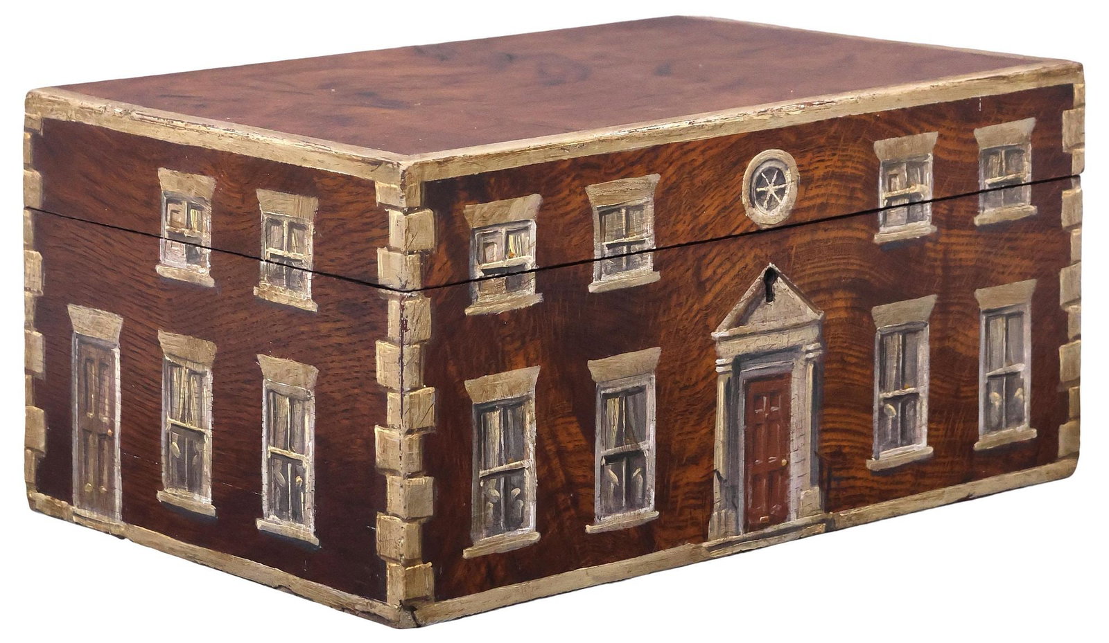 ENGLISH PAINT-DECORATED HOUSE FACADE FIGURED WOOD TABLE BOX (1 of 5)