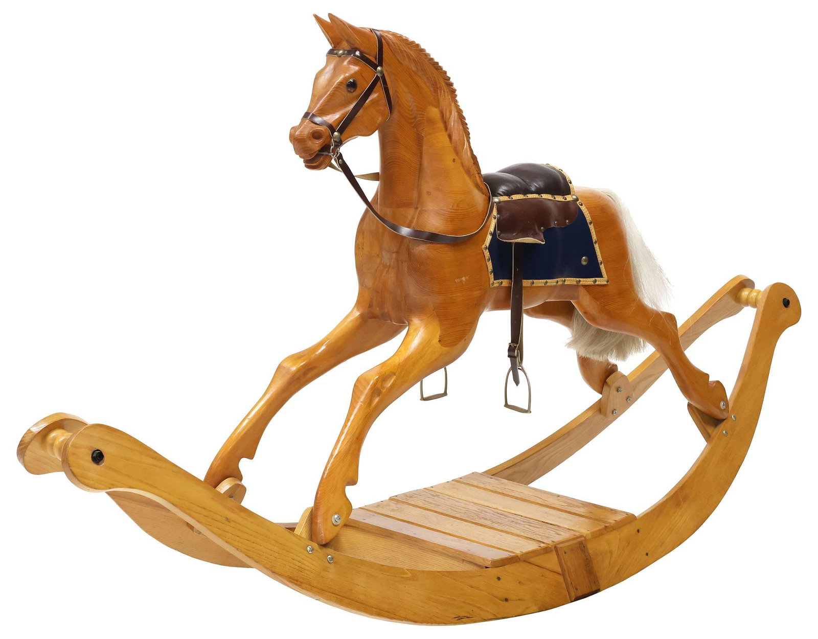 OVERSIZED ENGLISH LEATHER & CARVED PINE ROCKING HORSE, 85"L (1 of 6)