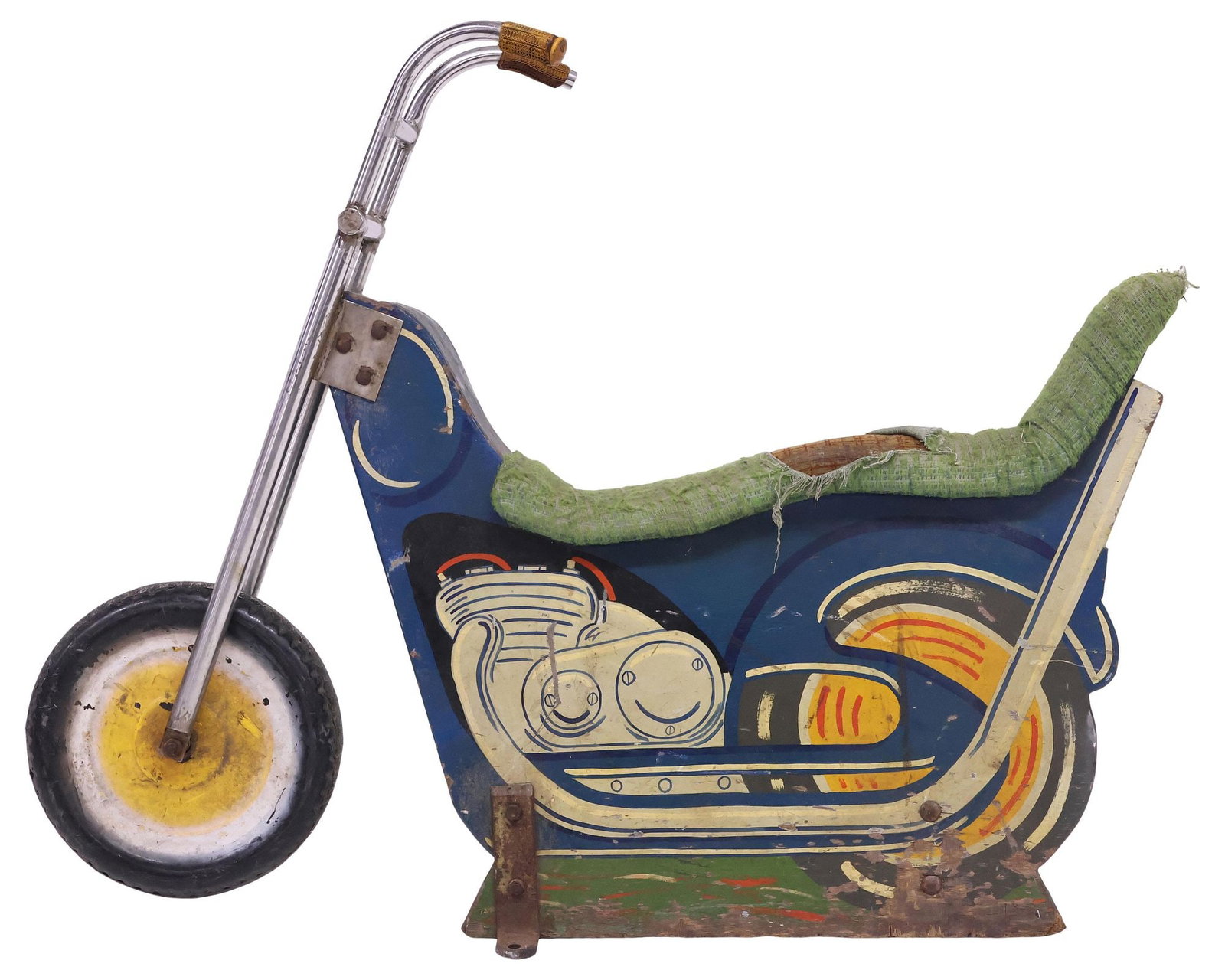 VINTAGE PAINTED WOOD & METAL CAROUSEL MOTORCYCLE / BIKE: Vintage painted wood and metal carousel bike, 20th c., in the form of a motorcycle, with plastic spinning wheel, padded seat in worn upholstery, approx 43.5"h, 53"w, 12"d