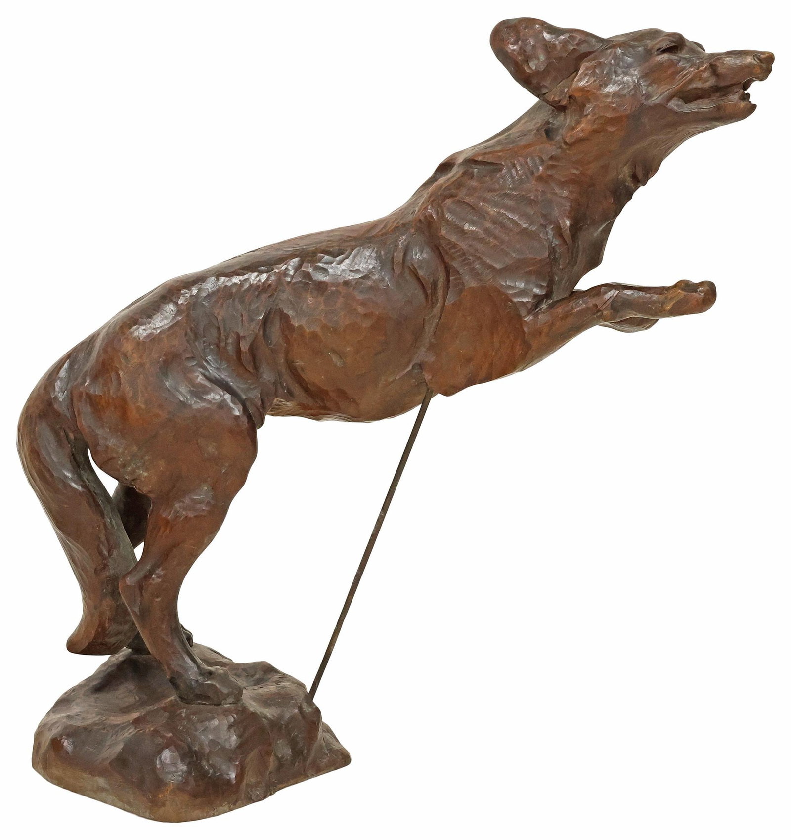LIFE-SIZE BLACK FOREST CARVED WOOD WILDLIFE SCULPTURE, LEAPING FOX, 27"H (1 of 5)