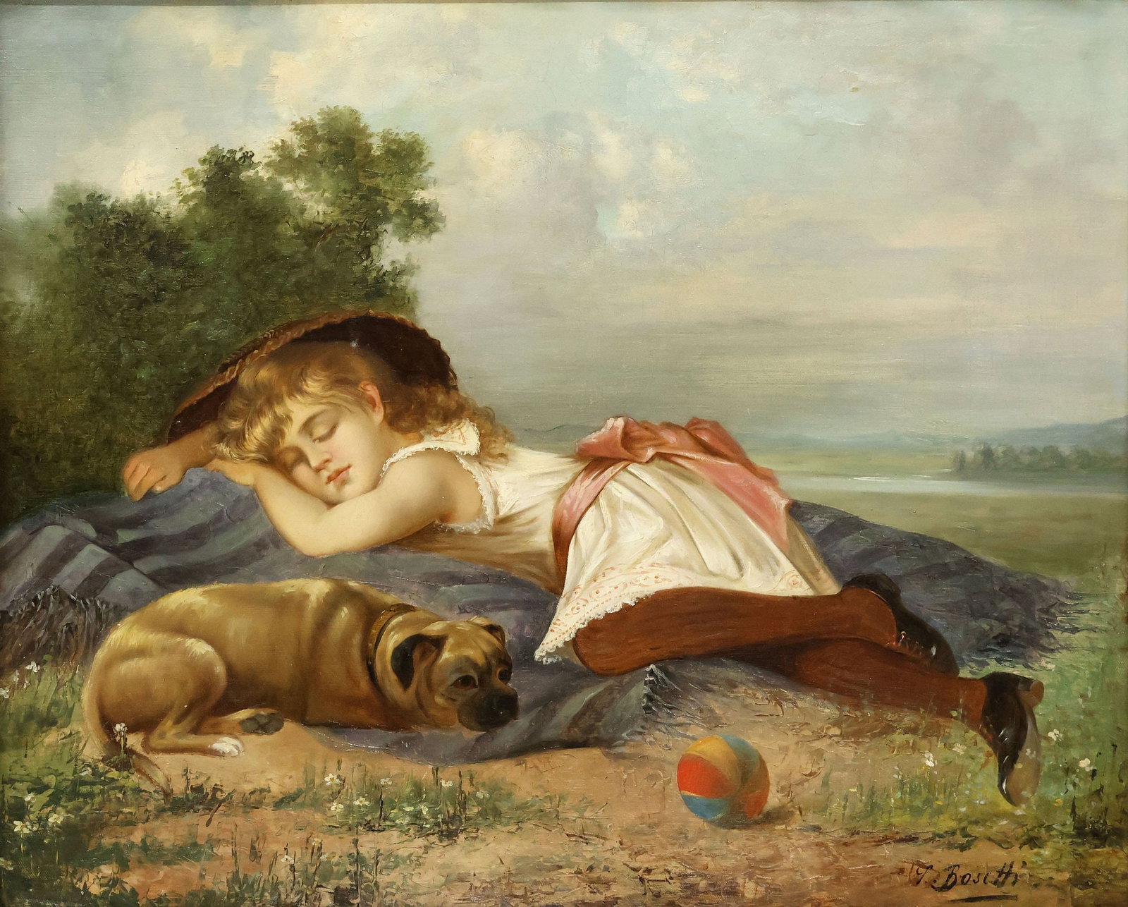 SIGNED L. BOSETTI (19TH C.) OIL PAINTING, PORTRAIT OF A YOUNG GIRL & DOG: Framed oil on canvas painting, Portrait of a Young Girl with Dog, signed lower right L. Bosetti (19th c.), retaining Janet B. Creswick conservator's label verso, canvas relined with later wood panel b