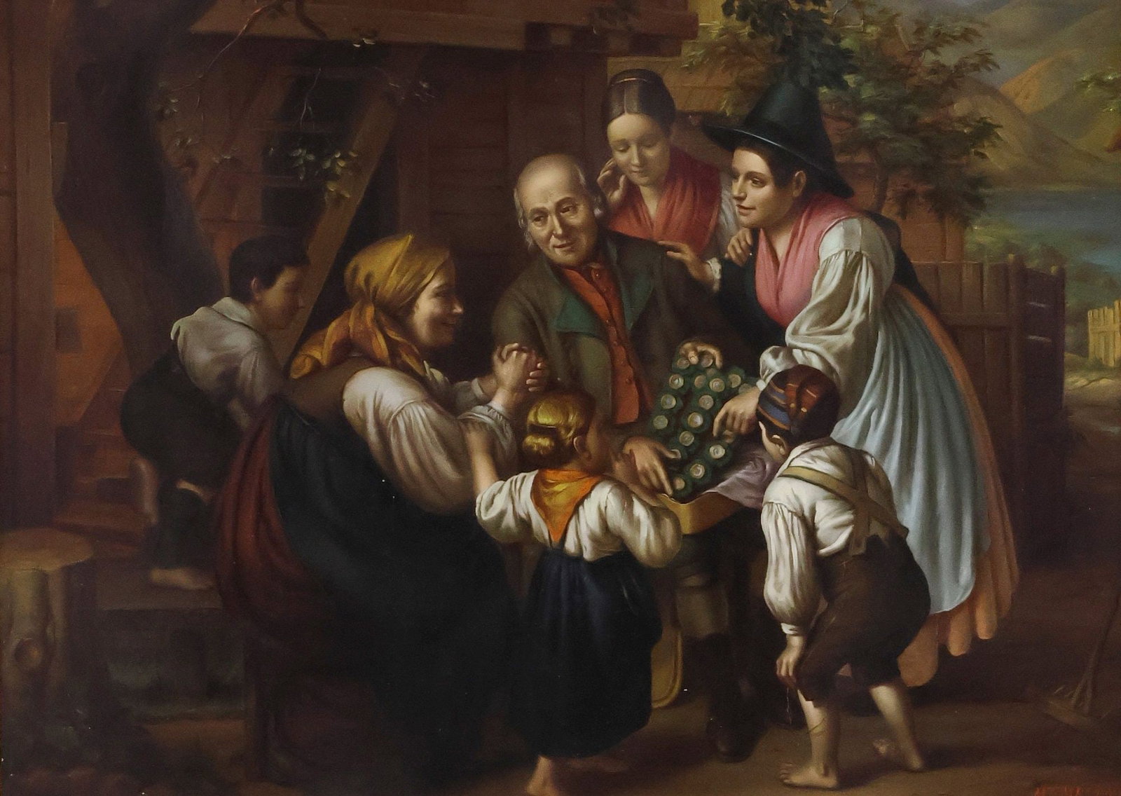 JANOS MEMBLING (HUNGARIAN, B.1927) GENRE PAINTING, MERRY FAMILY PORTRAIT: Framed oil on panel painting, Merry Company, signed lower right Membling (Janos Membling, Hungarian, b.1927), retaining Wildgoose Gallery, Knottingley label verso, sight: approx 10.5"h, 14.5"w, overal