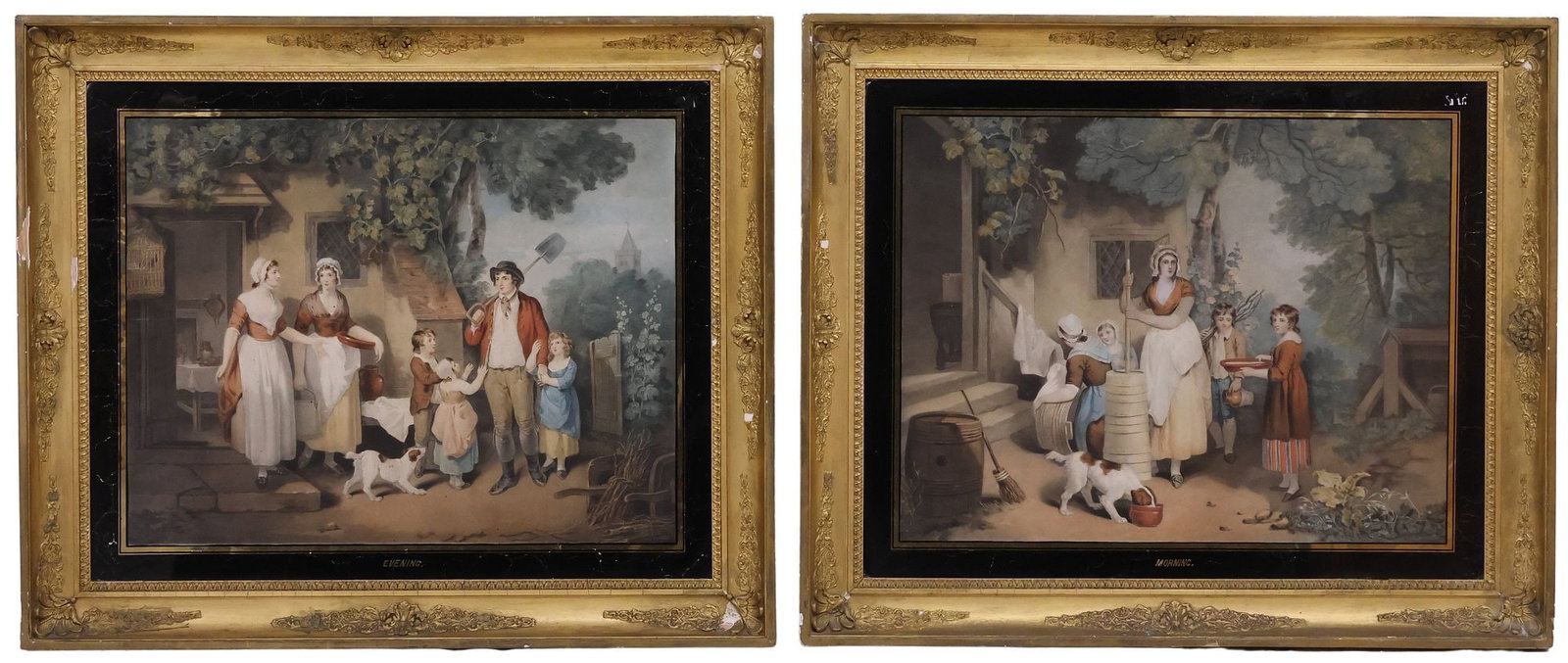 (2) AFTER FRANCIS WHEATLEY (ENGLISH, D.1801) 'RUSTIC HOURS' COLOR PRINTS: (lot of 2) Framed chromolithographs on paper, after Francis Wheatley RA (English, 1747-1801), from the "Rustic Hours" series, including: (1) "Morning," (1) "Evening," eac