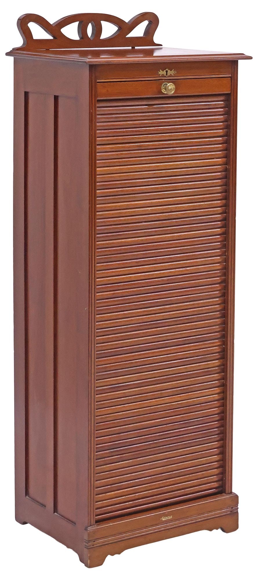 ENGLISH MAHOGANY TAMBOUR-DOOR FILING CABINET: English mahogany filing cabinet, Advance Systems, London, c.1920s, rectangular case with pierced crest, above tambour door, revealing interior fixed-height shelving, on bracket feet, approx 53"h, 19.7