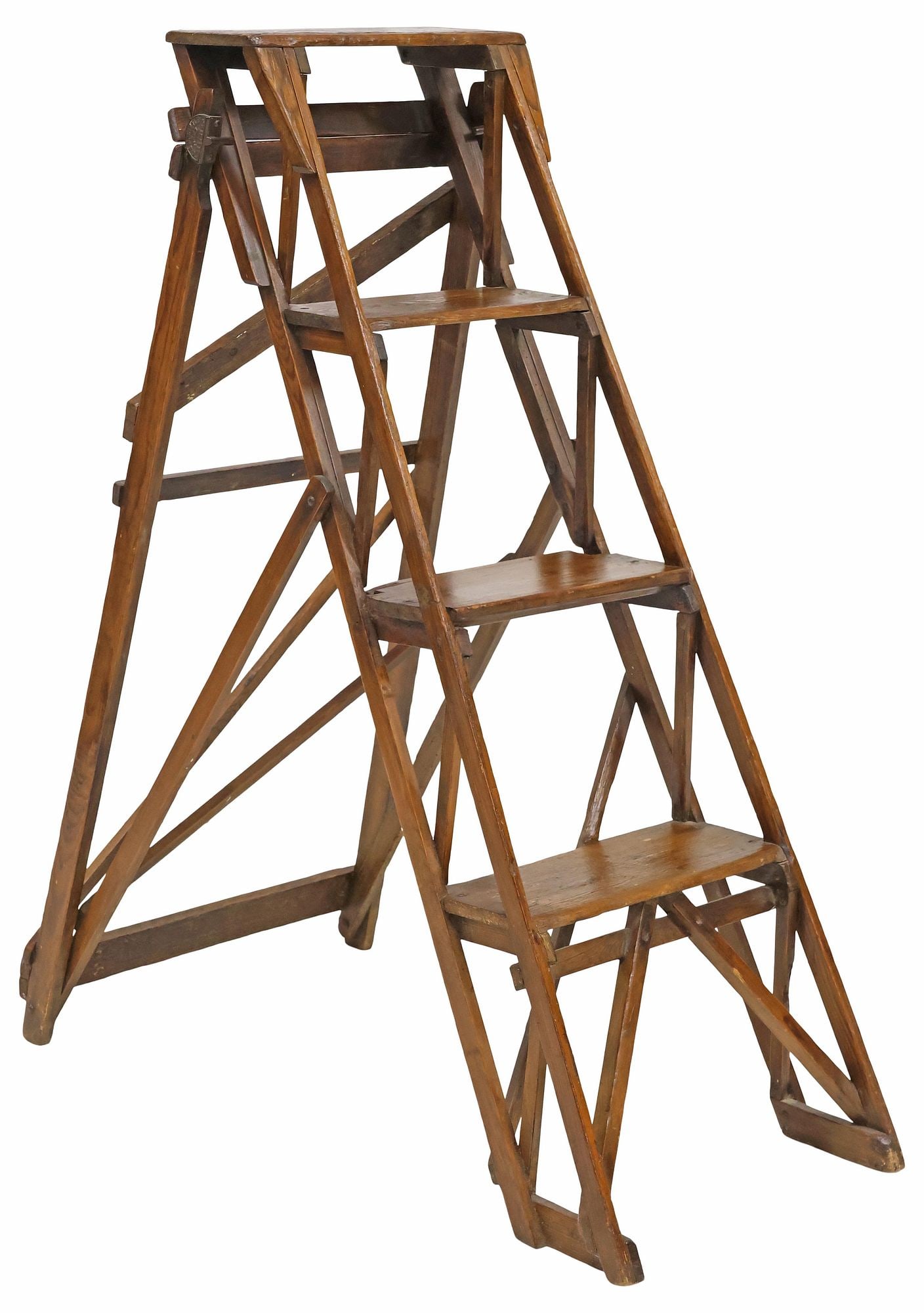 DECORATIVE CHARLES ALLEN JONES FOR HATHERLEY FOLDING PINE STEP LADDER, 19TH C. (1 of 7)