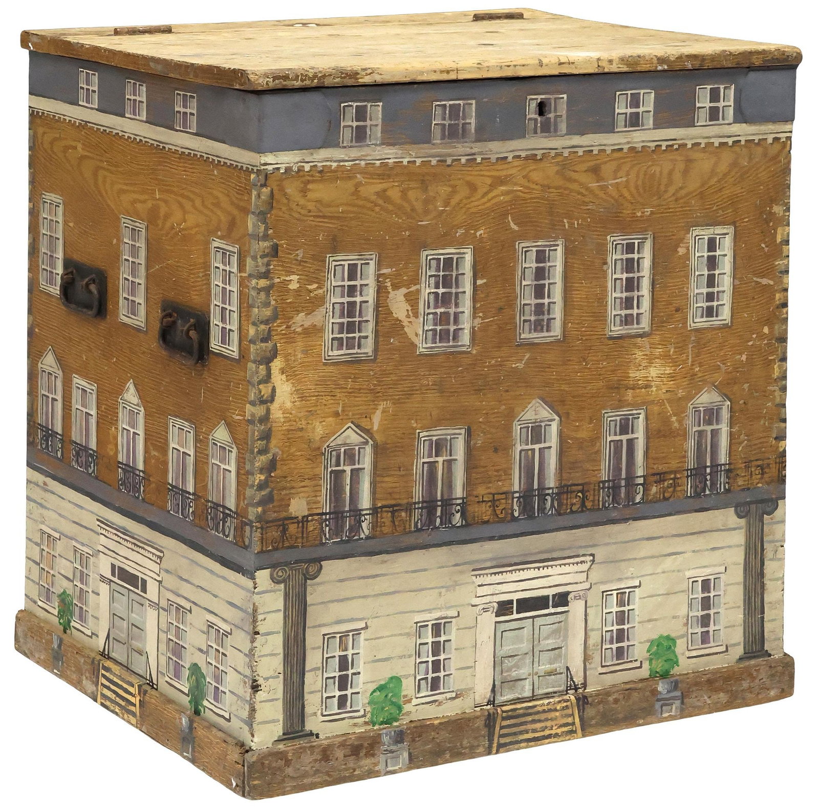 LARGE ENGLISH PAINT-DECORATED HOUSE FACADE STORAGE CHEST, 32"H (1 of 5)