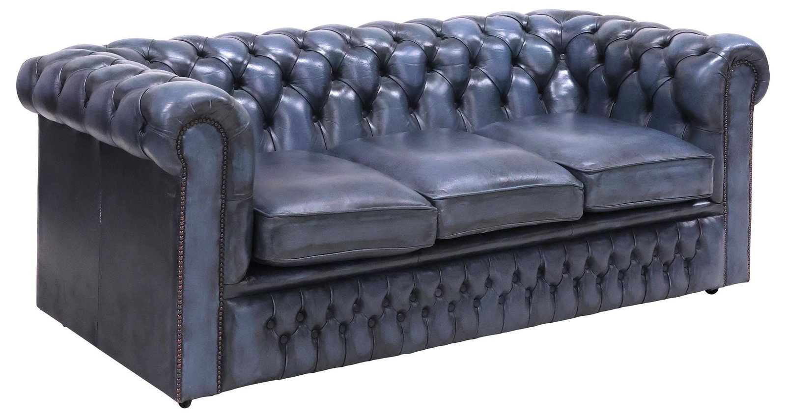 ENGLISH CHESTERFIELD STYLE BUTTONED BLUE LEATHER 3-SEAT SOFA (1 of 3)