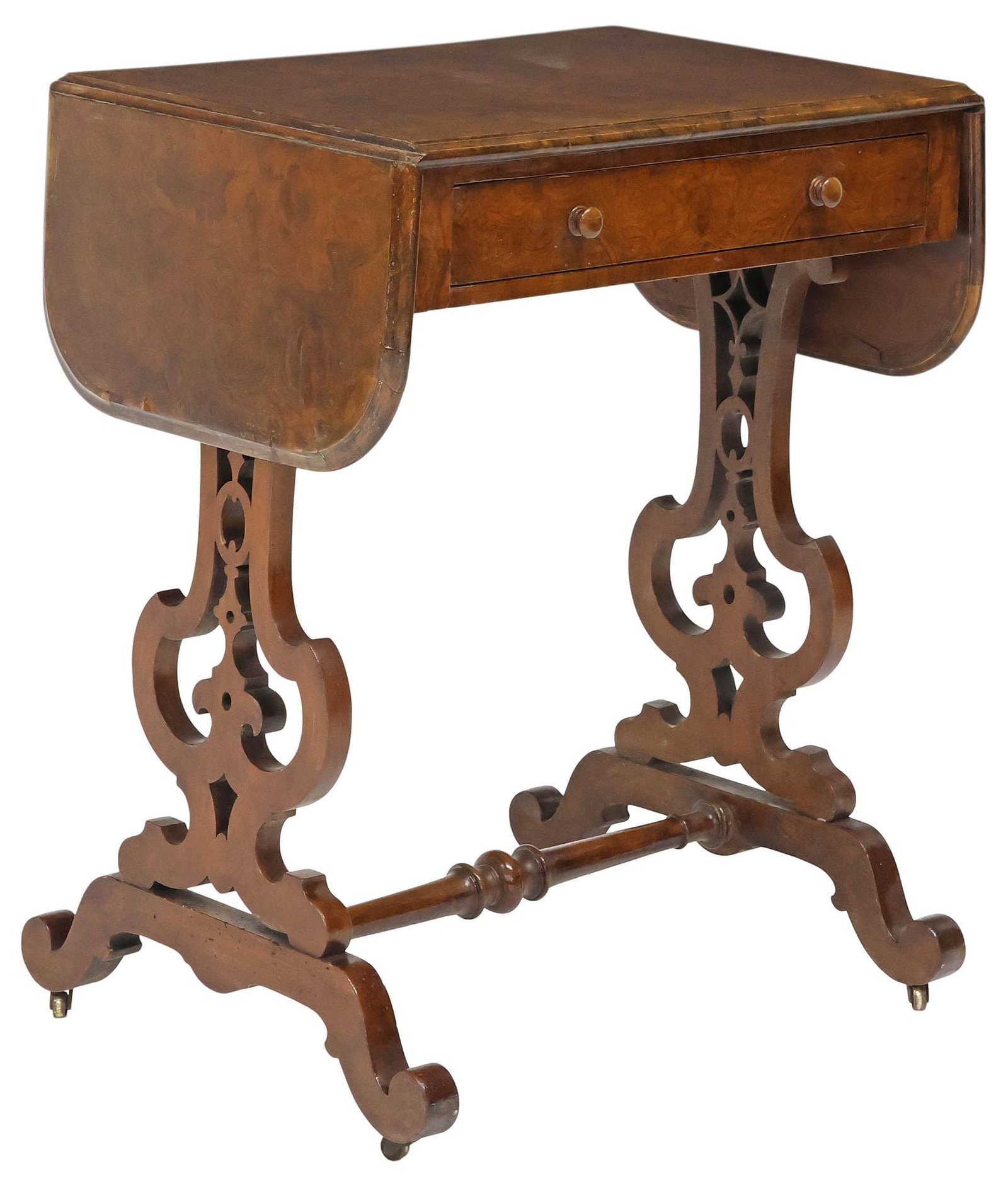 ENGLISH REGENCY PERIOD BURLED WALNUT DROP-LEAF WORK TABLE (1 of 6)